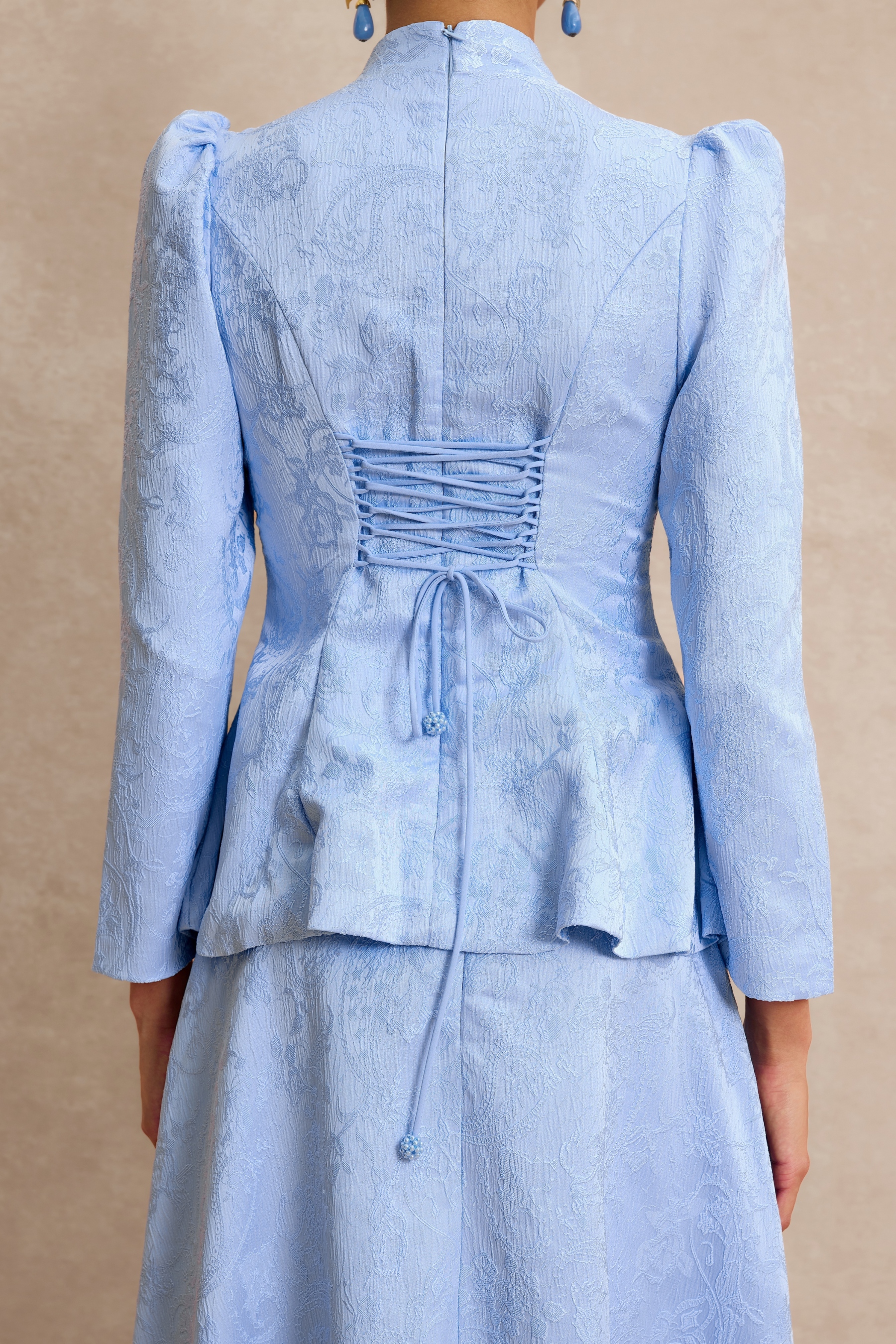 Nail Bead Embroidery Jacquard Top & High Waist Midi Skirt Set