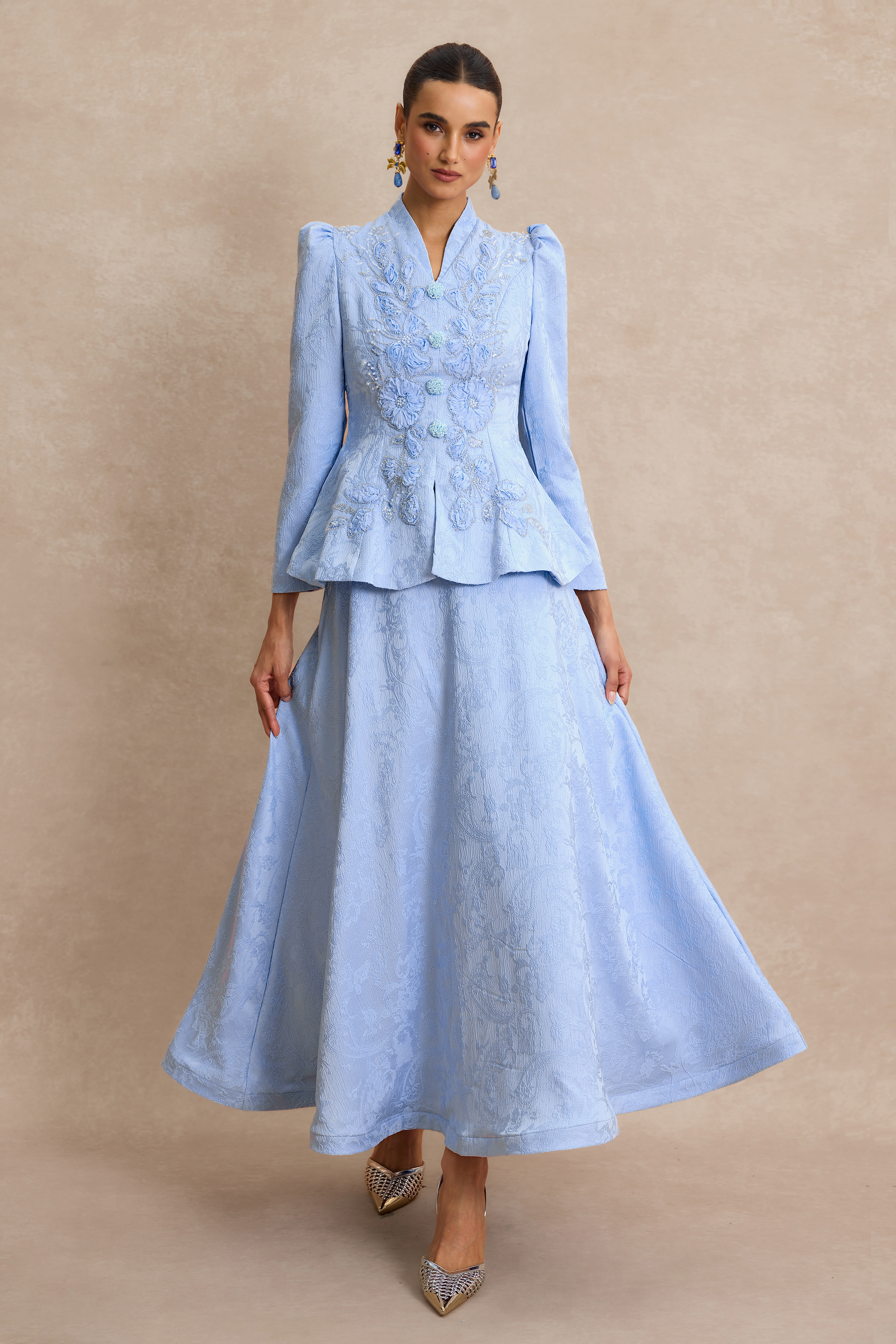 Nail Bead Embroidery Jacquard Top & High Waist Midi Skirt Set