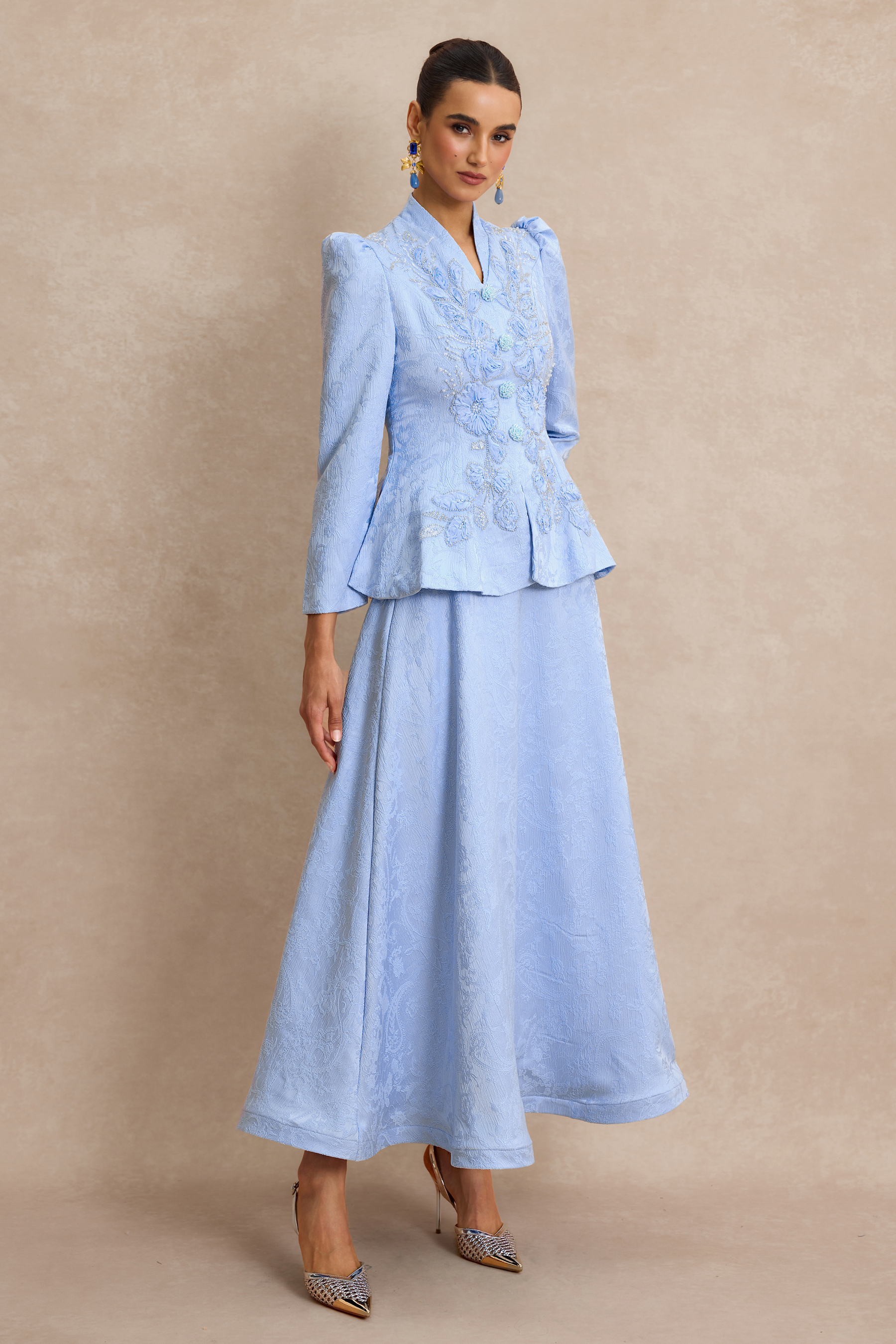 Nail Bead Embroidery Jacquard Top & High Waist Midi Skirt Set