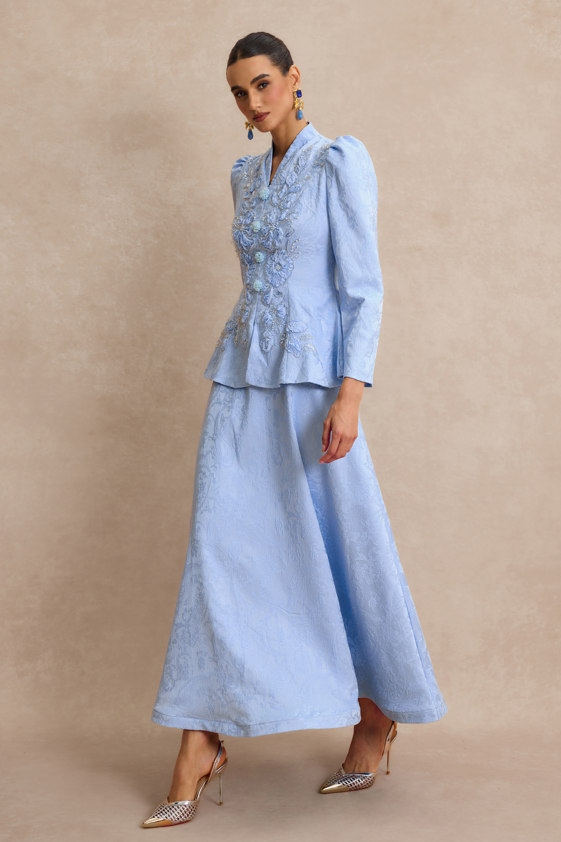 Nail Bead Embroidery Jacquard Top & High Waist Midi Skirt Set