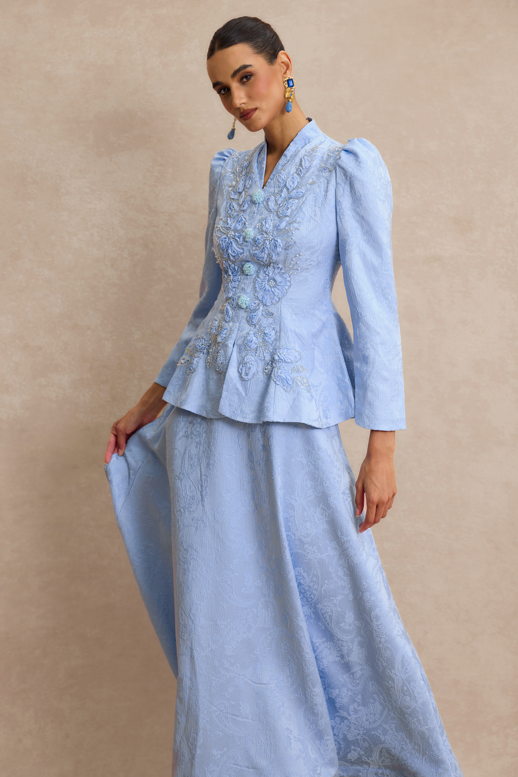 Nail Bead Embroidery Jacquard Top & High Waist Midi Skirt Set