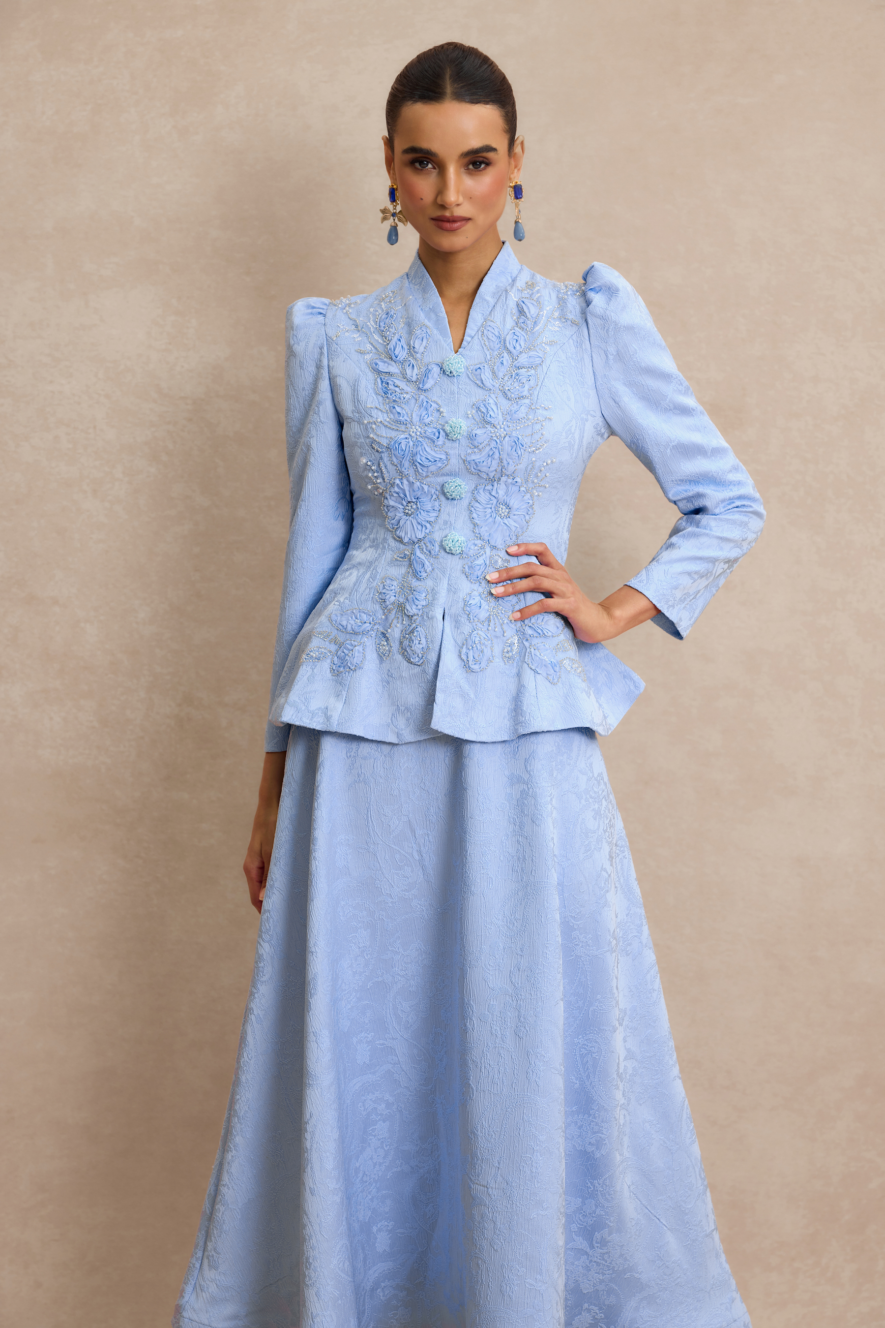 Nail Bead Embroidery Jacquard Top & High Waist Midi Skirt Set
