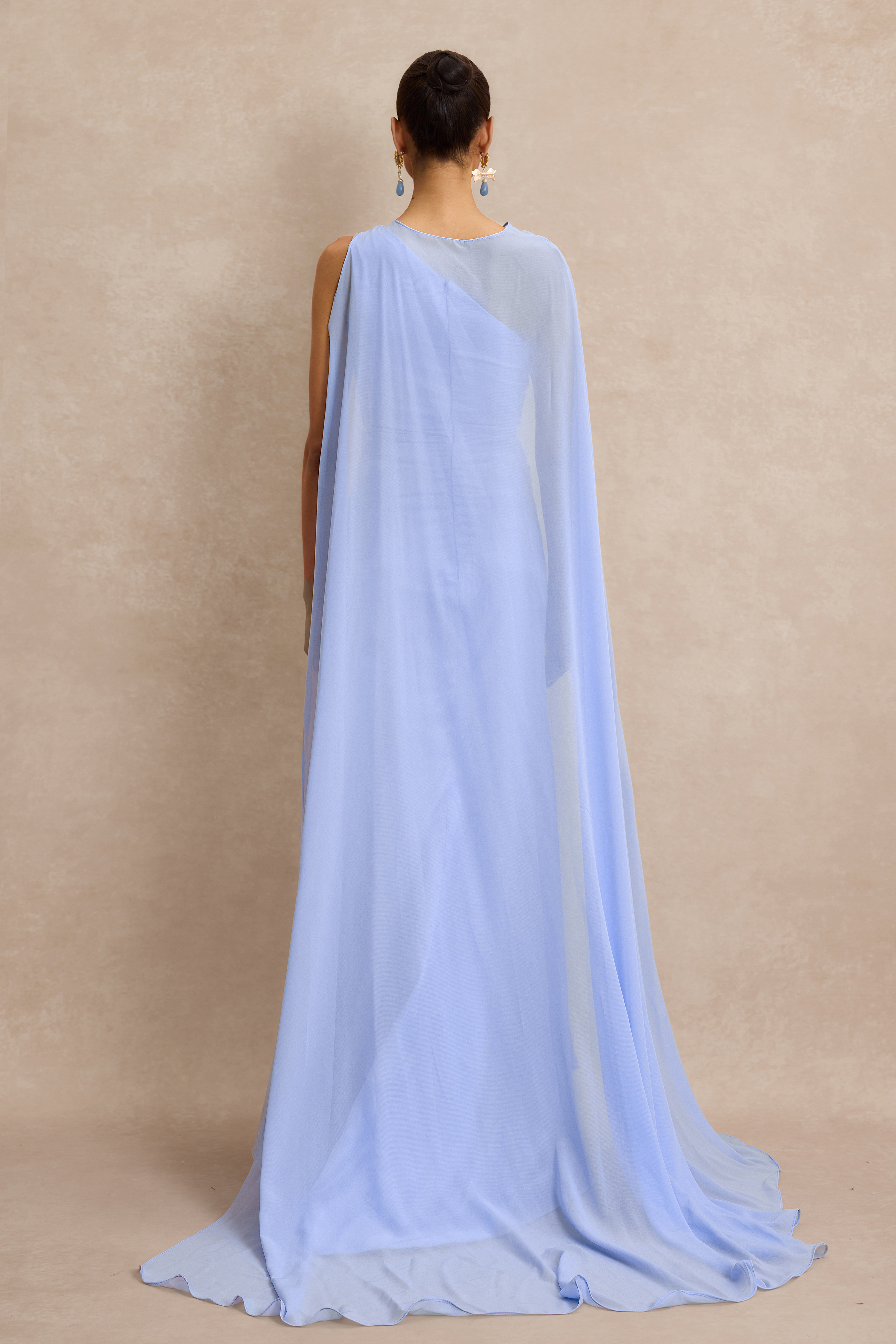 3D Flower Ruched Maxi Dress With Cape