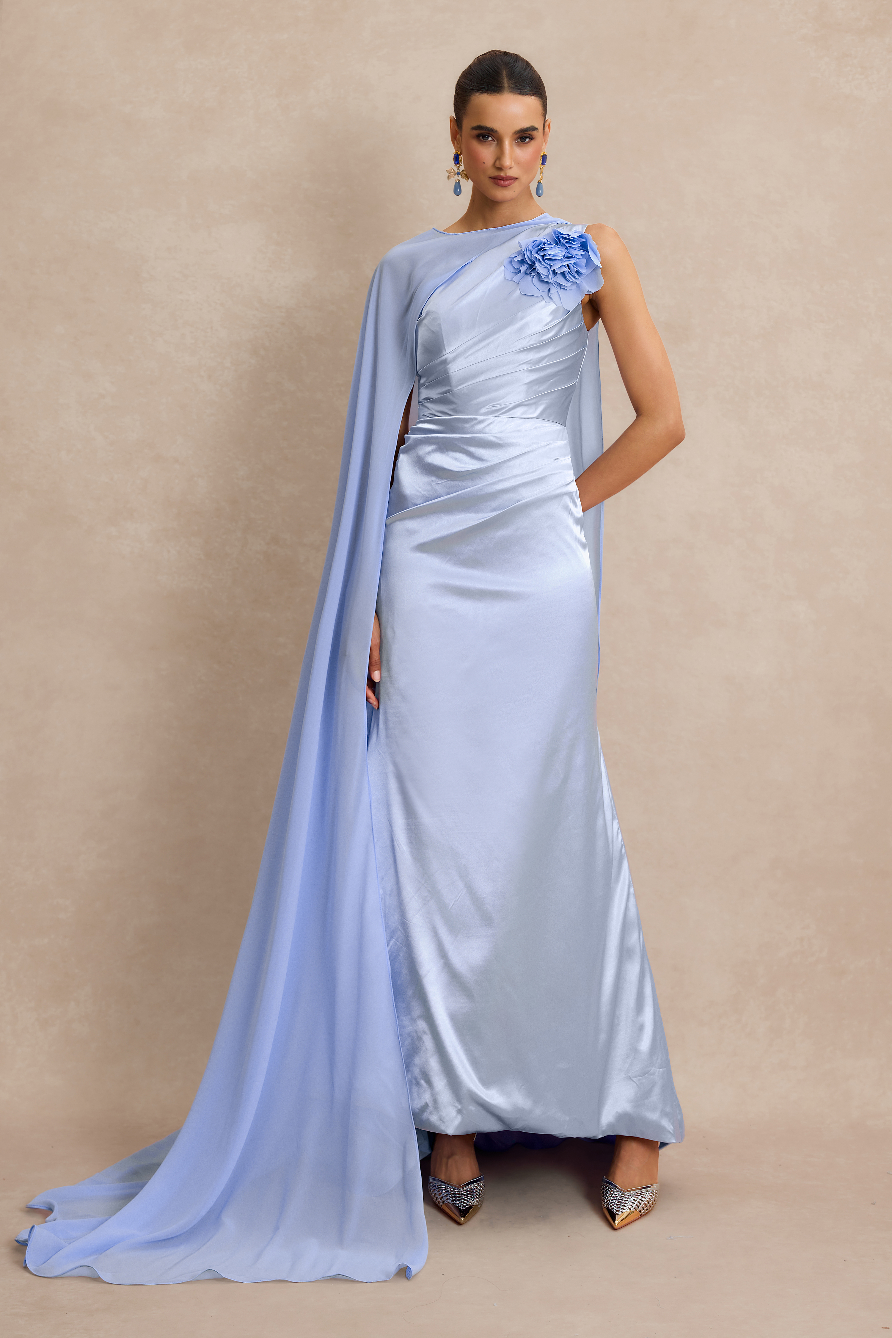 3D Flower Ruched Maxi Dress With Cape