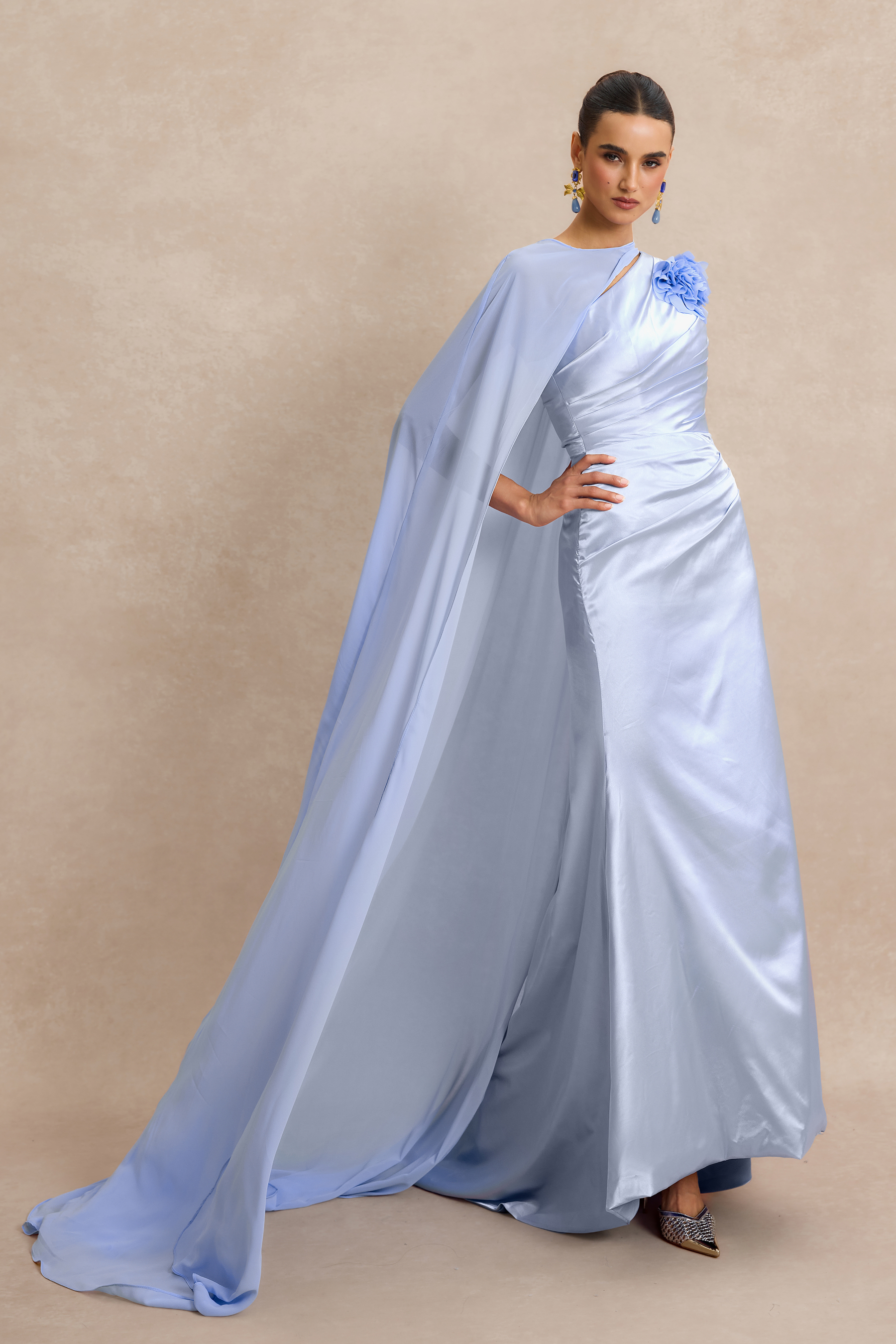 3D Flower Ruched Maxi Dress With Cape