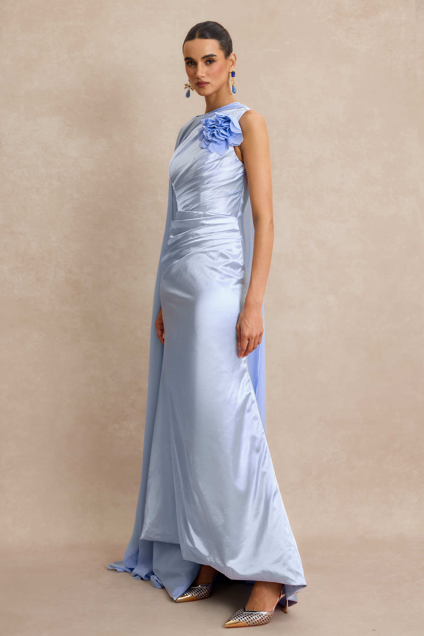 3D Flower Ruched Maxi Dress With Cape