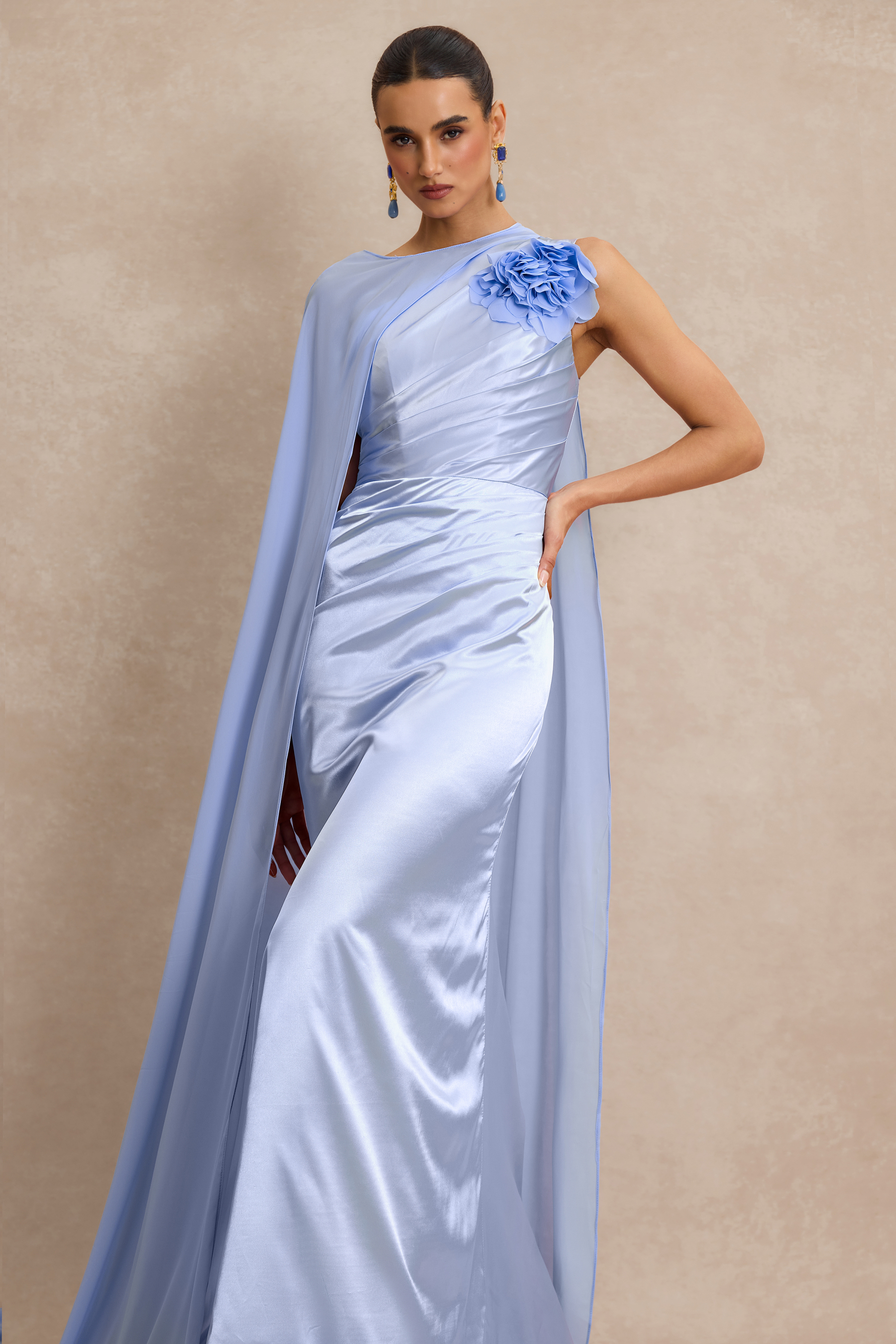 3D Flower Ruched Maxi Dress With Cape