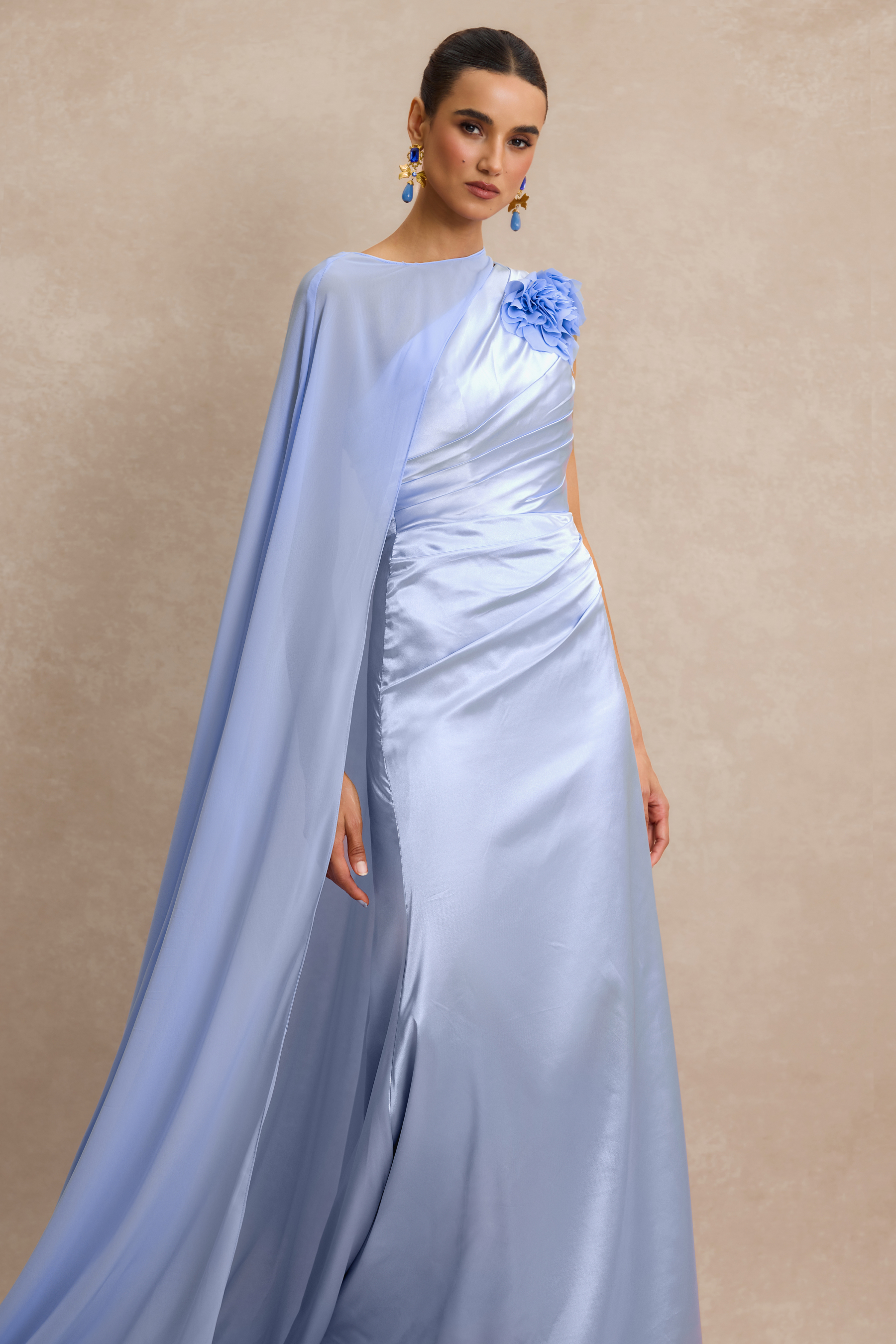 3D Flower Ruched Maxi Dress With Cape