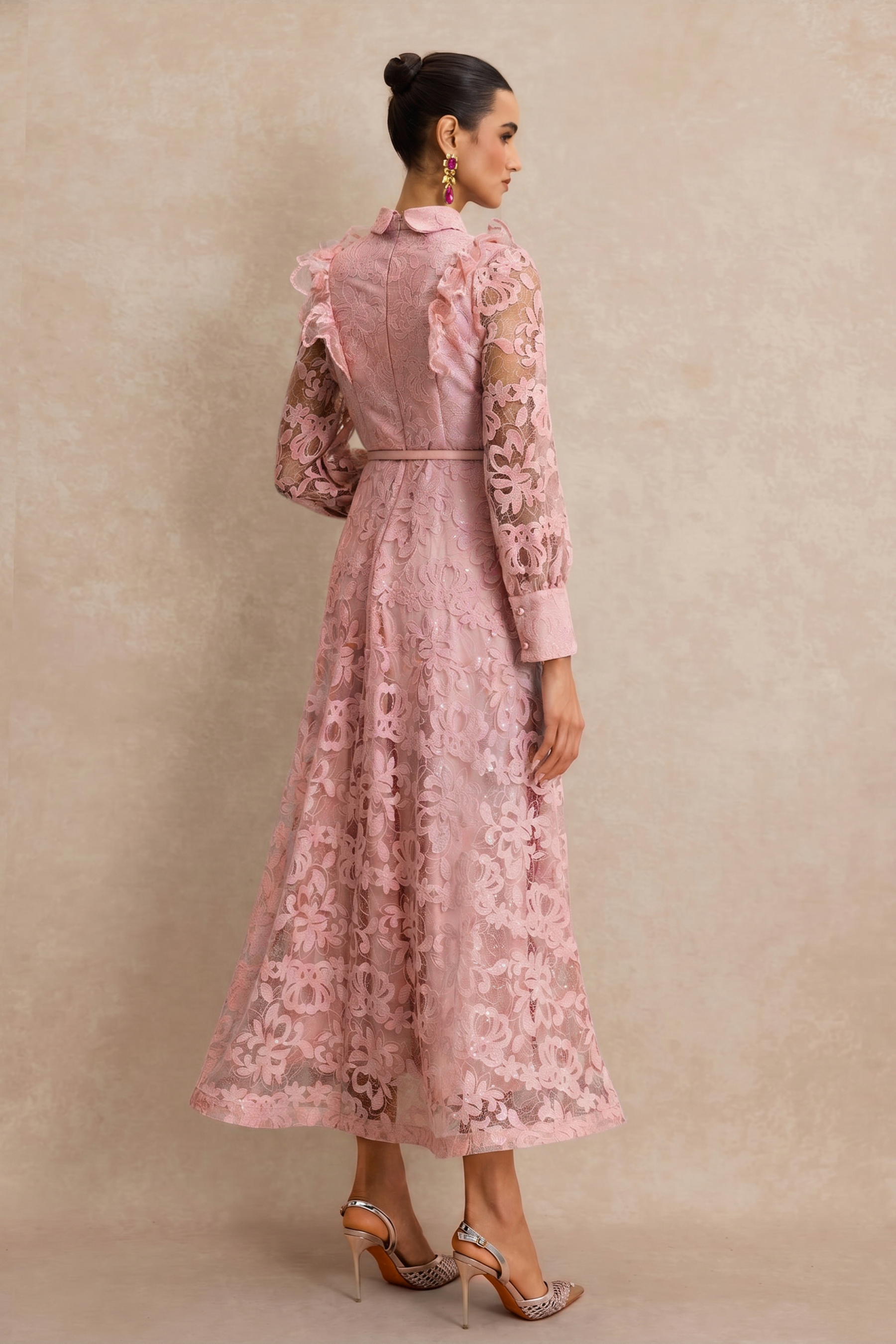 Lace Pearl Ruffle Midi Dress With Belt