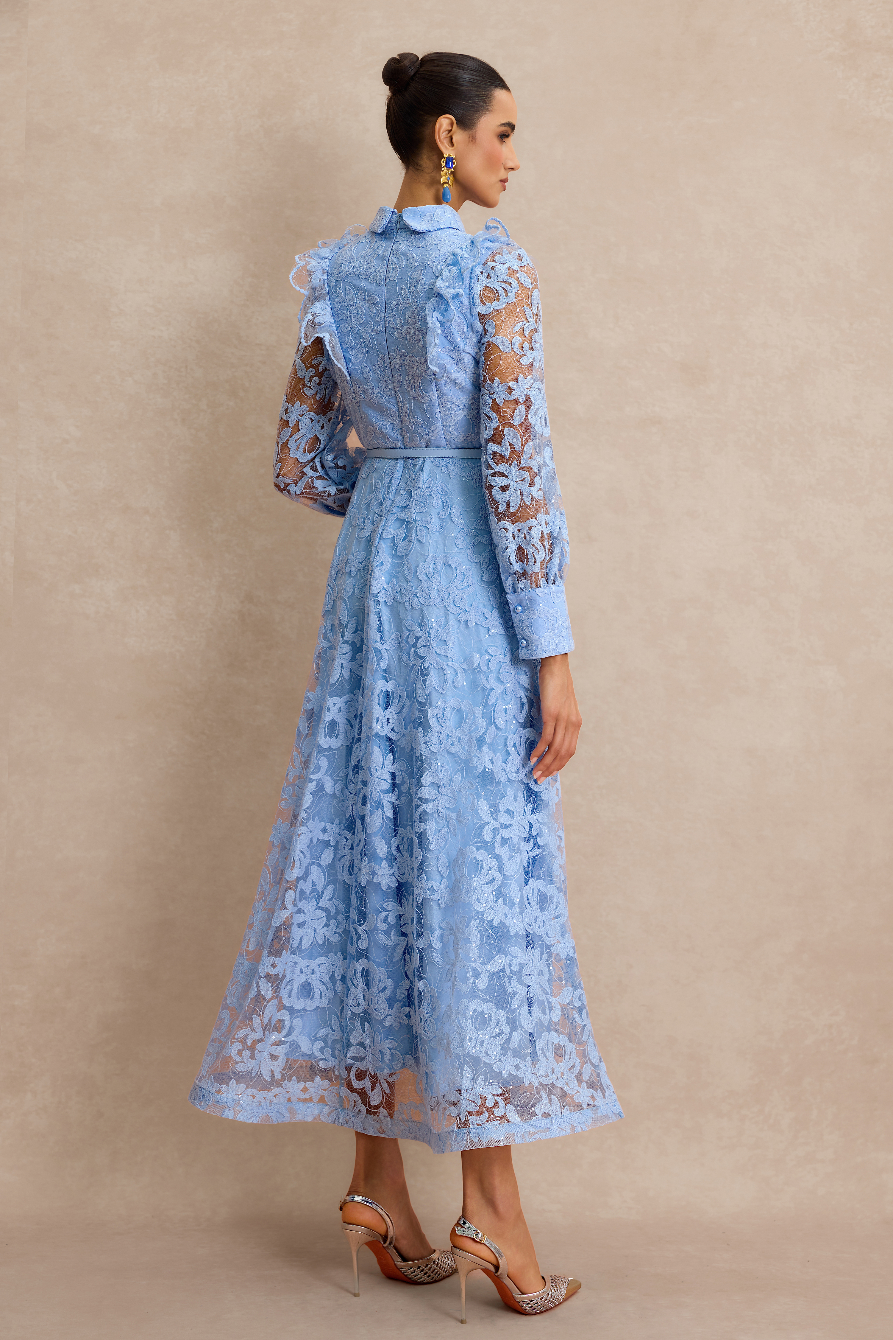 Lace Pearl Ruffle Midi Dress With Belt