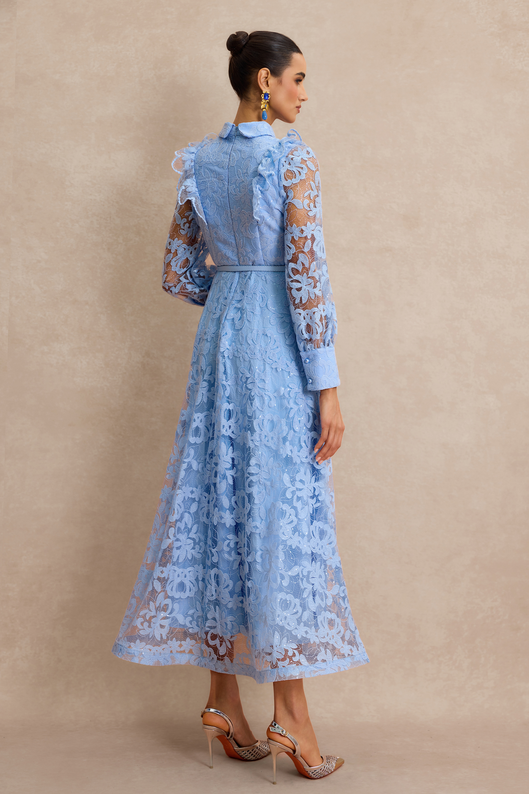 Lace Pearl Ruffle Midi Dress With Belt