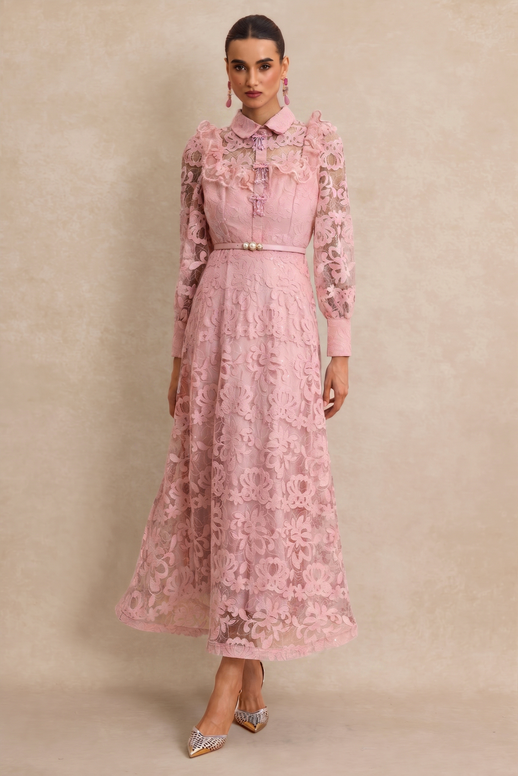 Lace Pearl Ruffle Midi Dress With Belt