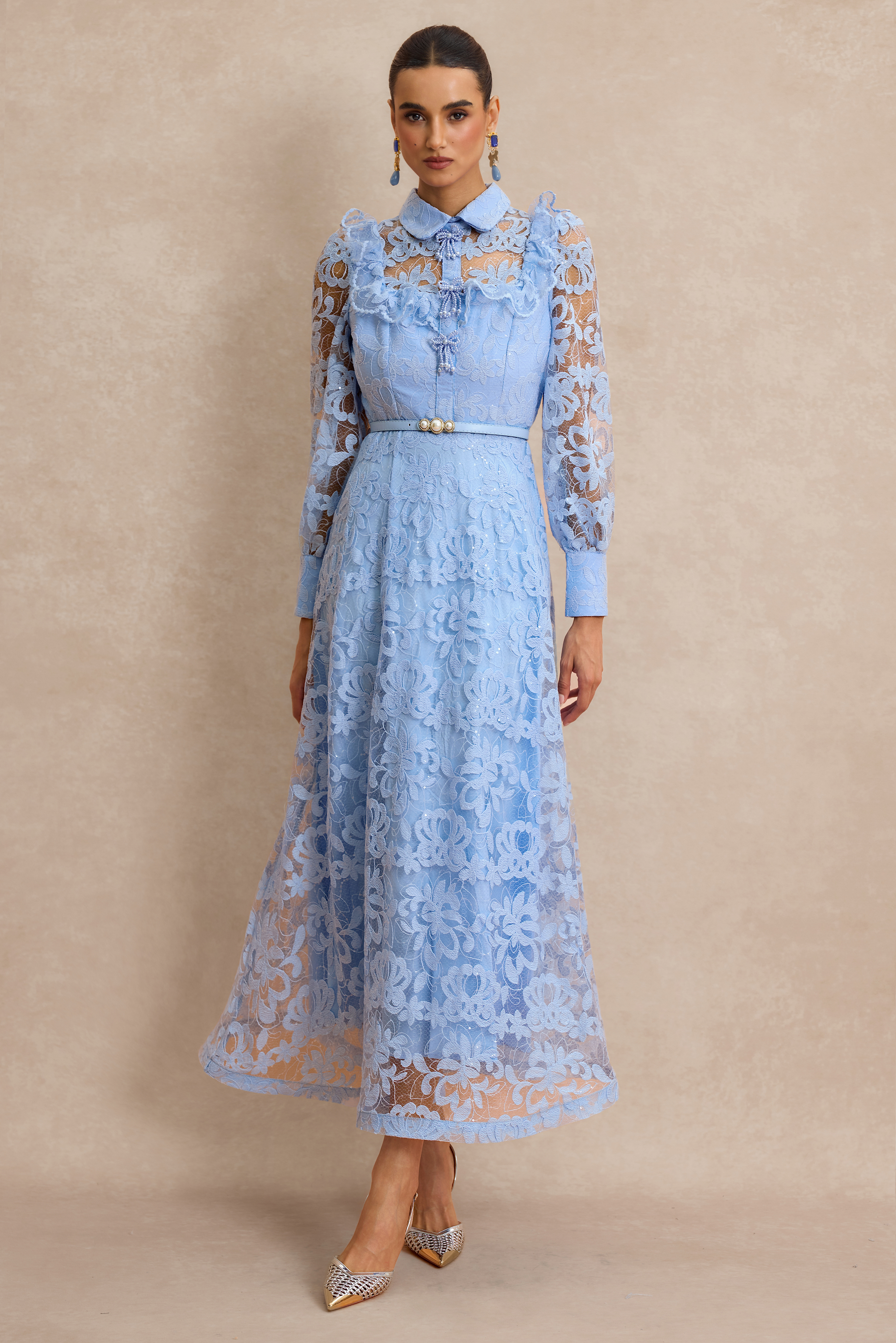 Lace Pearl Ruffle Midi Dress With Belt