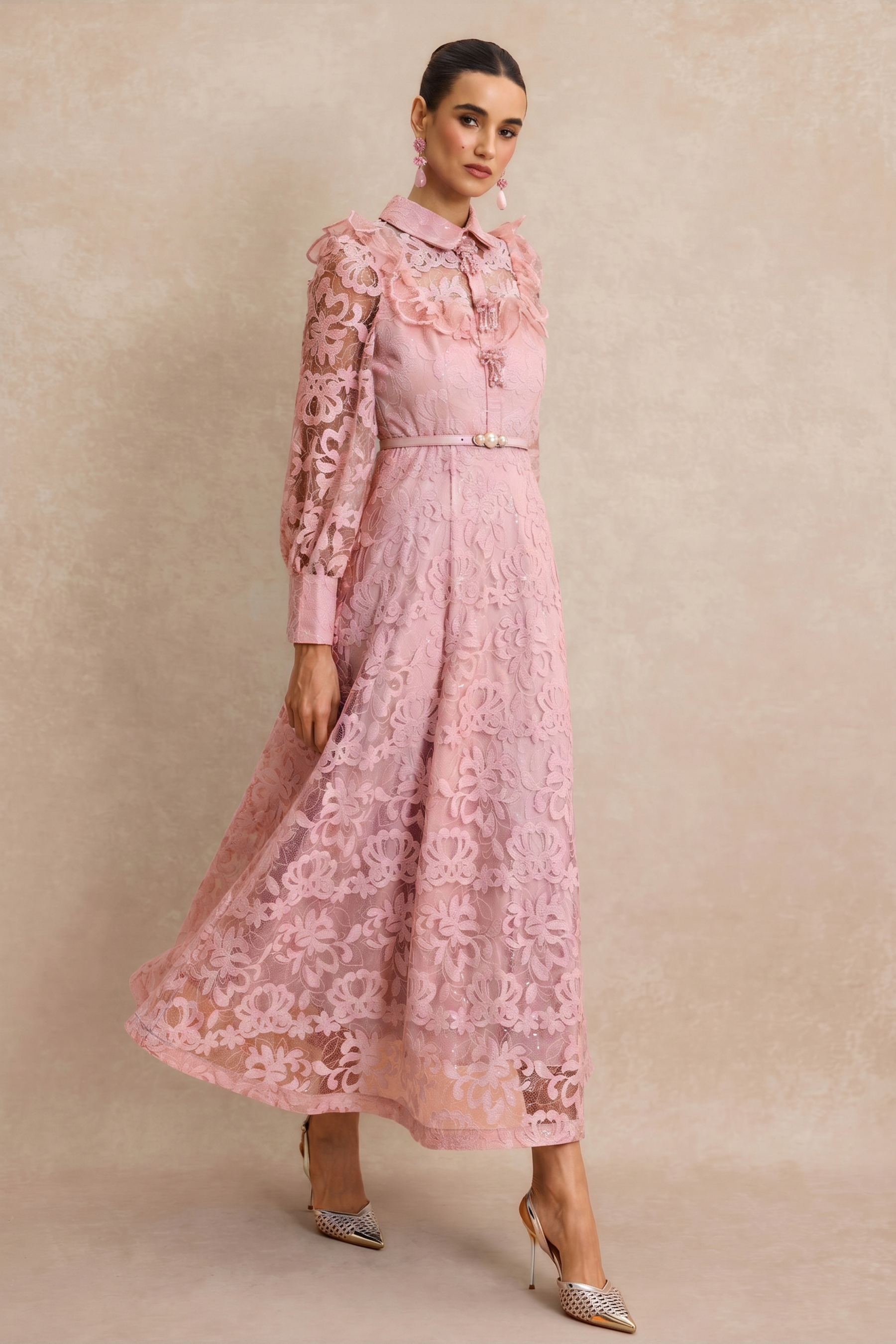 Lace Pearl Ruffle Midi Dress With Belt