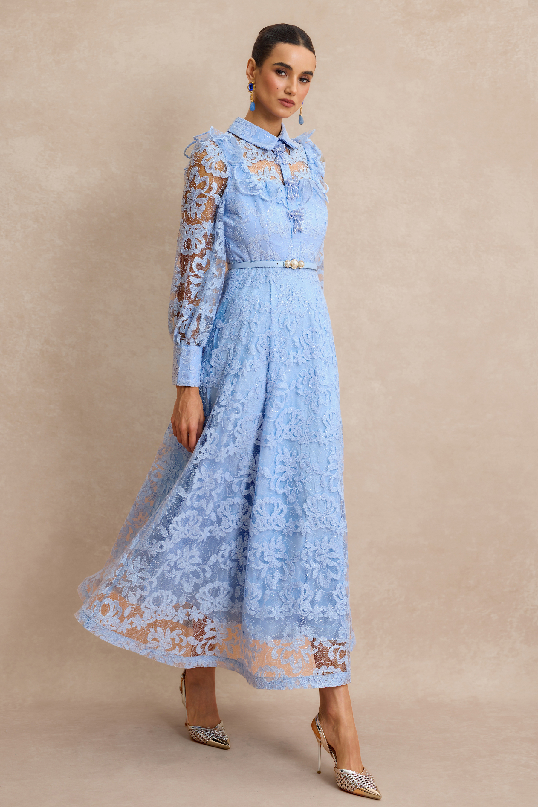 Lace Pearl Ruffle Midi Dress With Belt