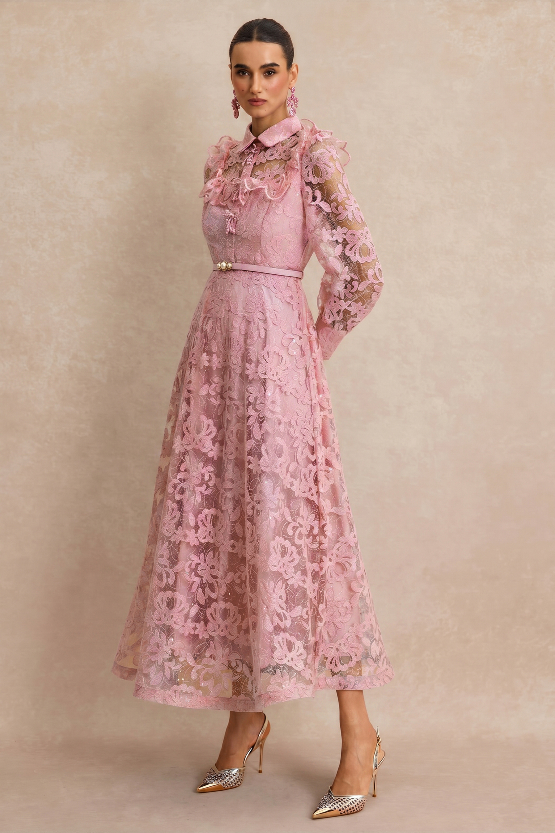 Lace Pearl Ruffle Midi Dress With Belt