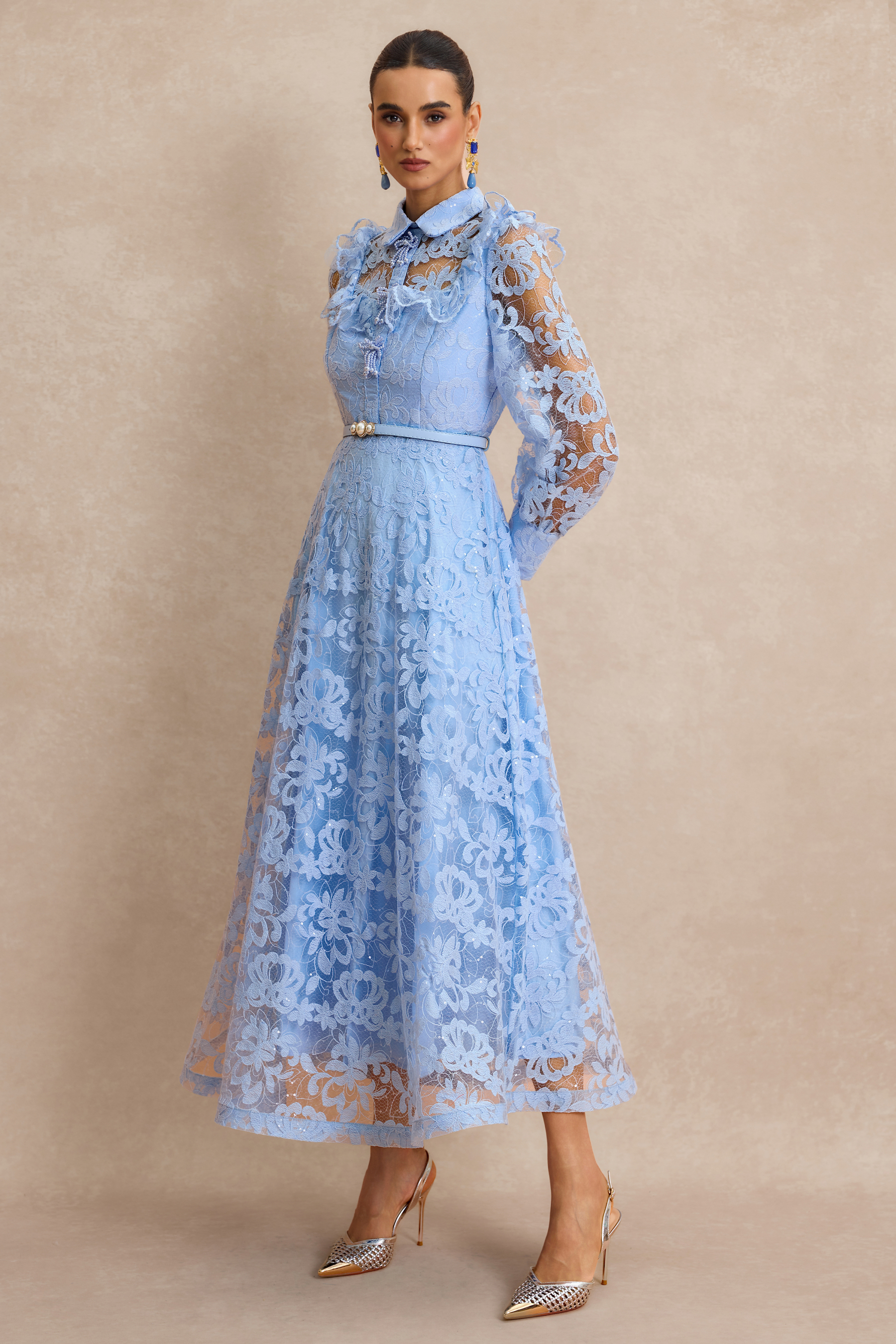 Lace Pearl Ruffle Midi Dress With Belt