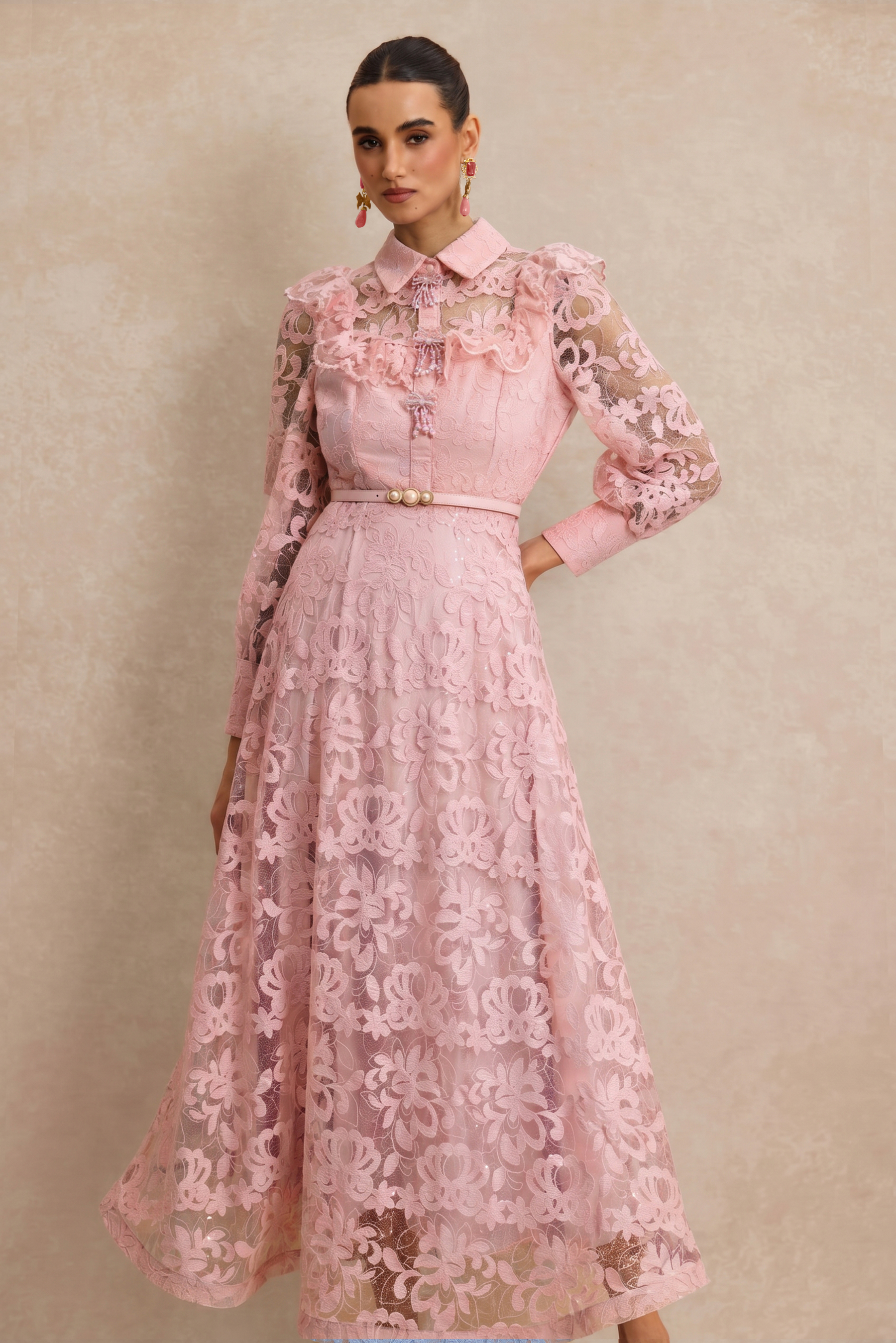 Lace Pearl Ruffle Midi Dress With Belt