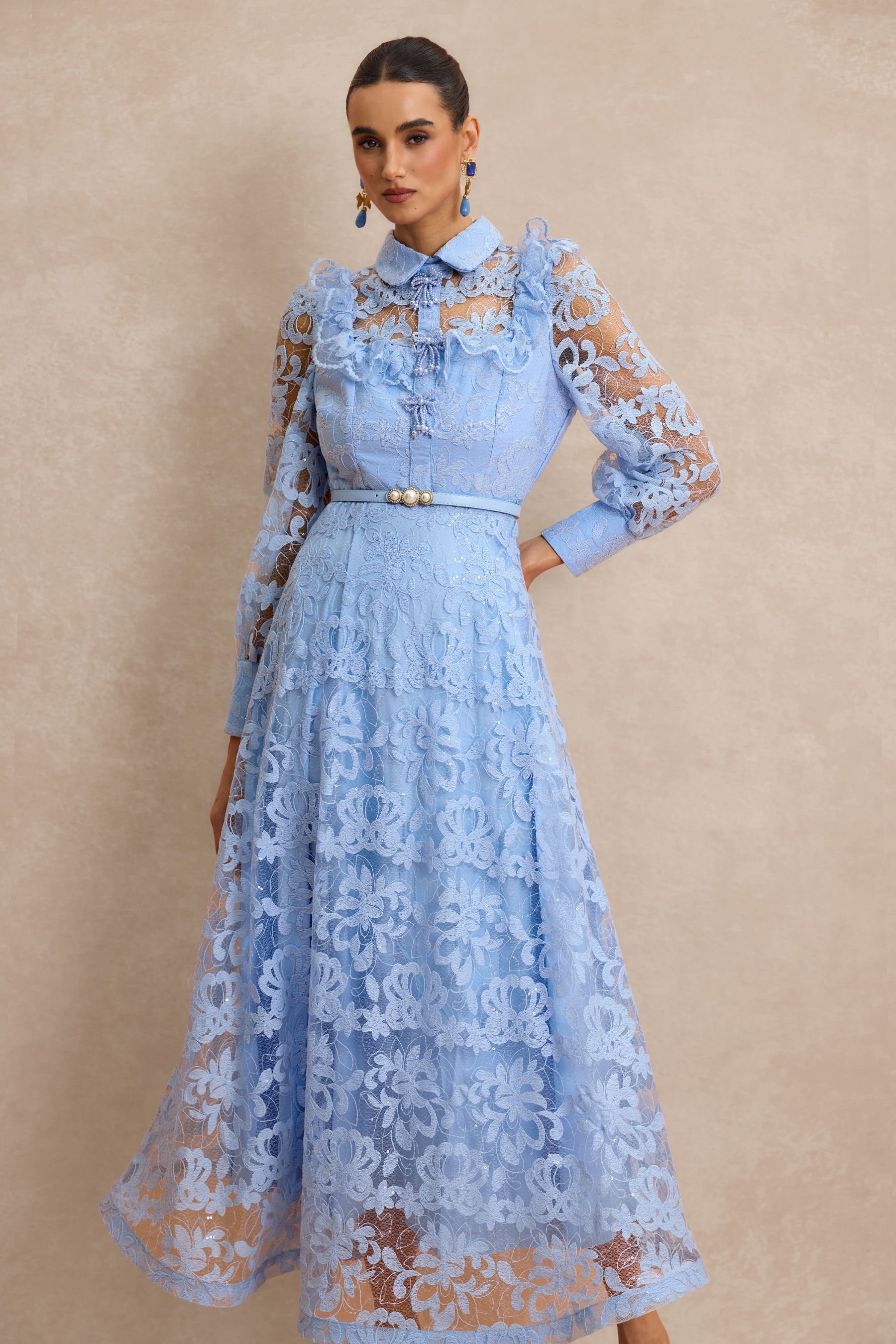Lace Pearl Ruffle Midi Dress With Belt