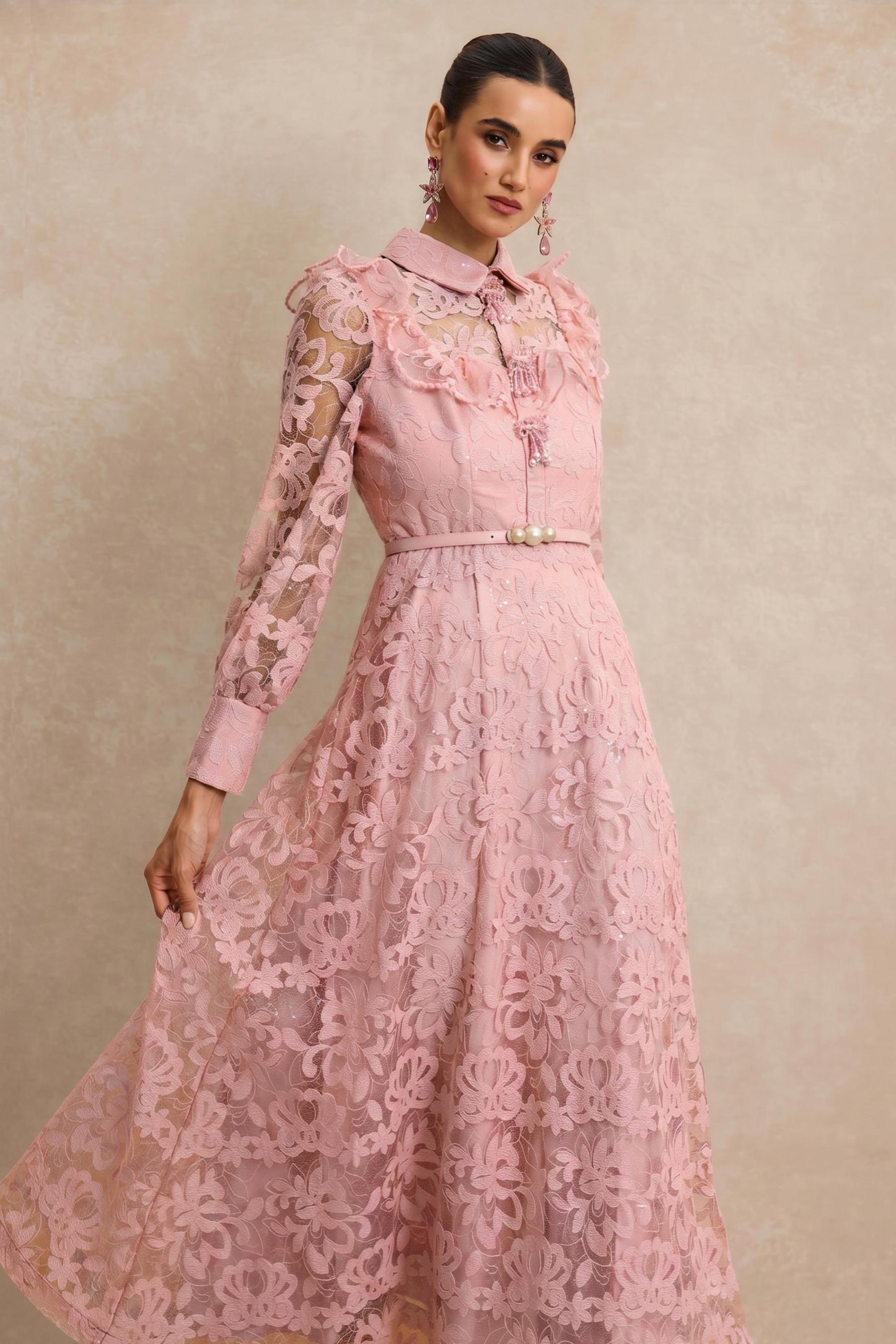 Lace Pearl Ruffle Midi Dress With Belt