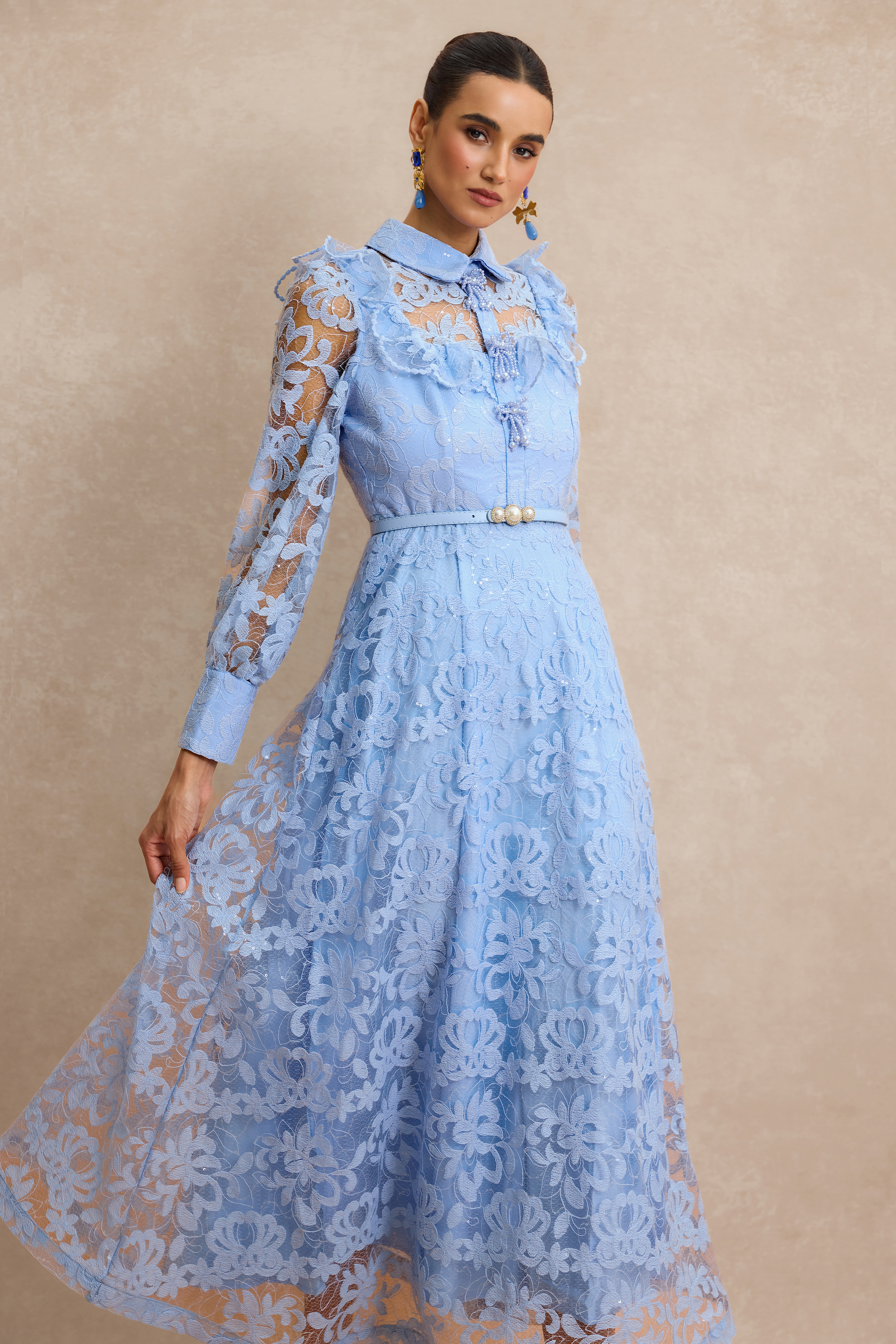 Lace Pearl Ruffle Midi Dress With Belt
