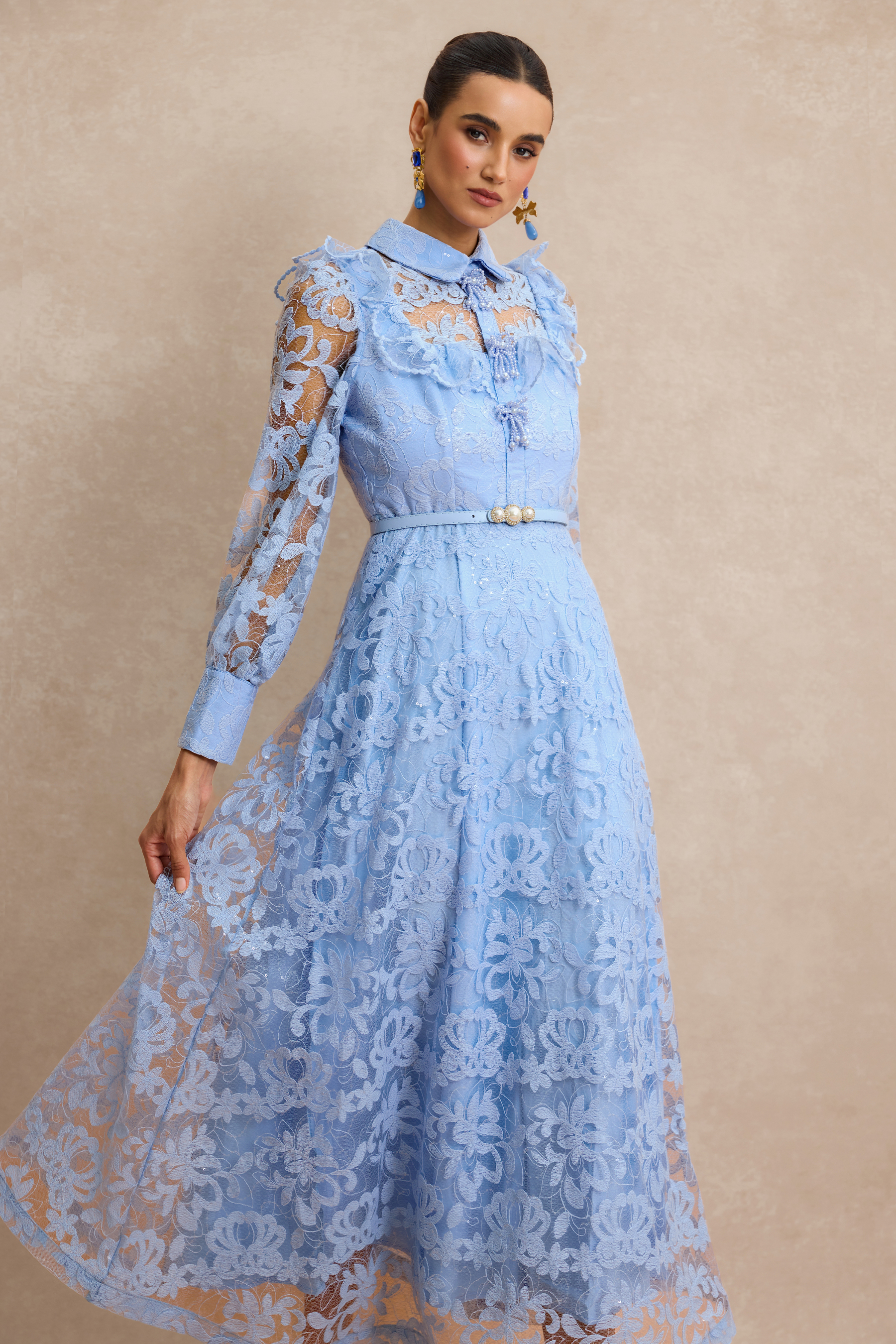 Lace Pearl Ruffle Midi Dress With Belt