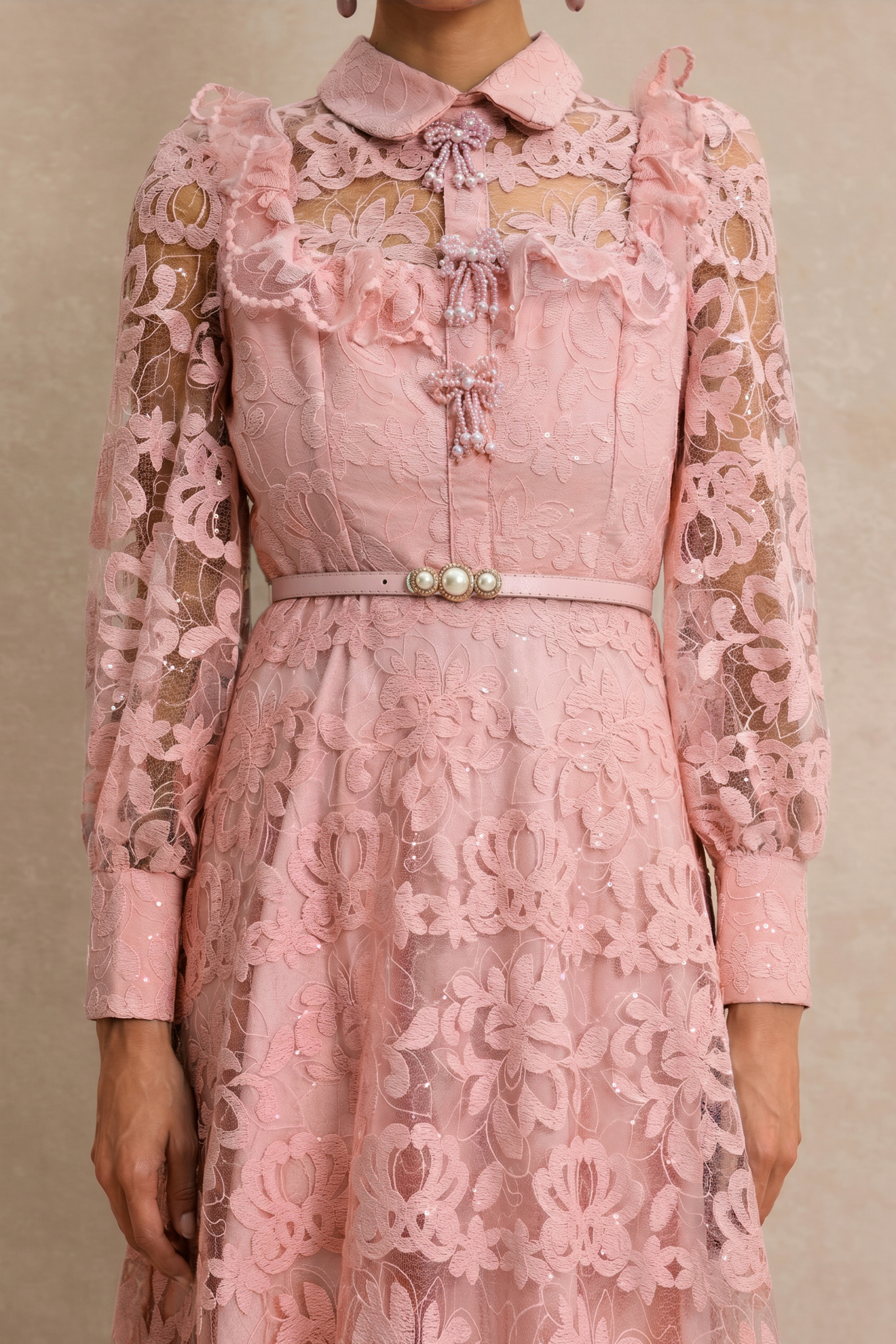 Lace Pearl Ruffle Midi Dress With Belt