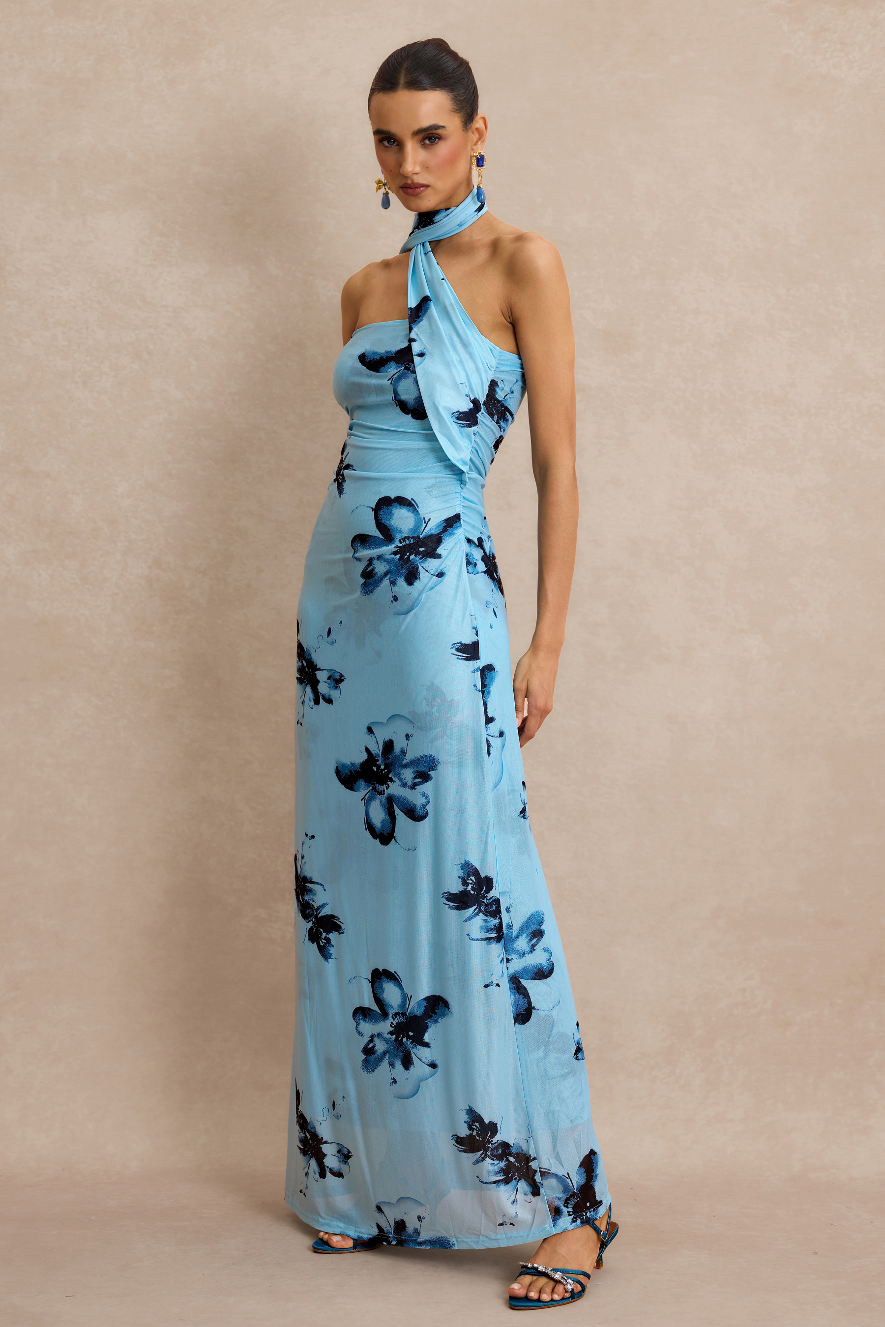 Floral Gathering Sleeveless Midi Dress