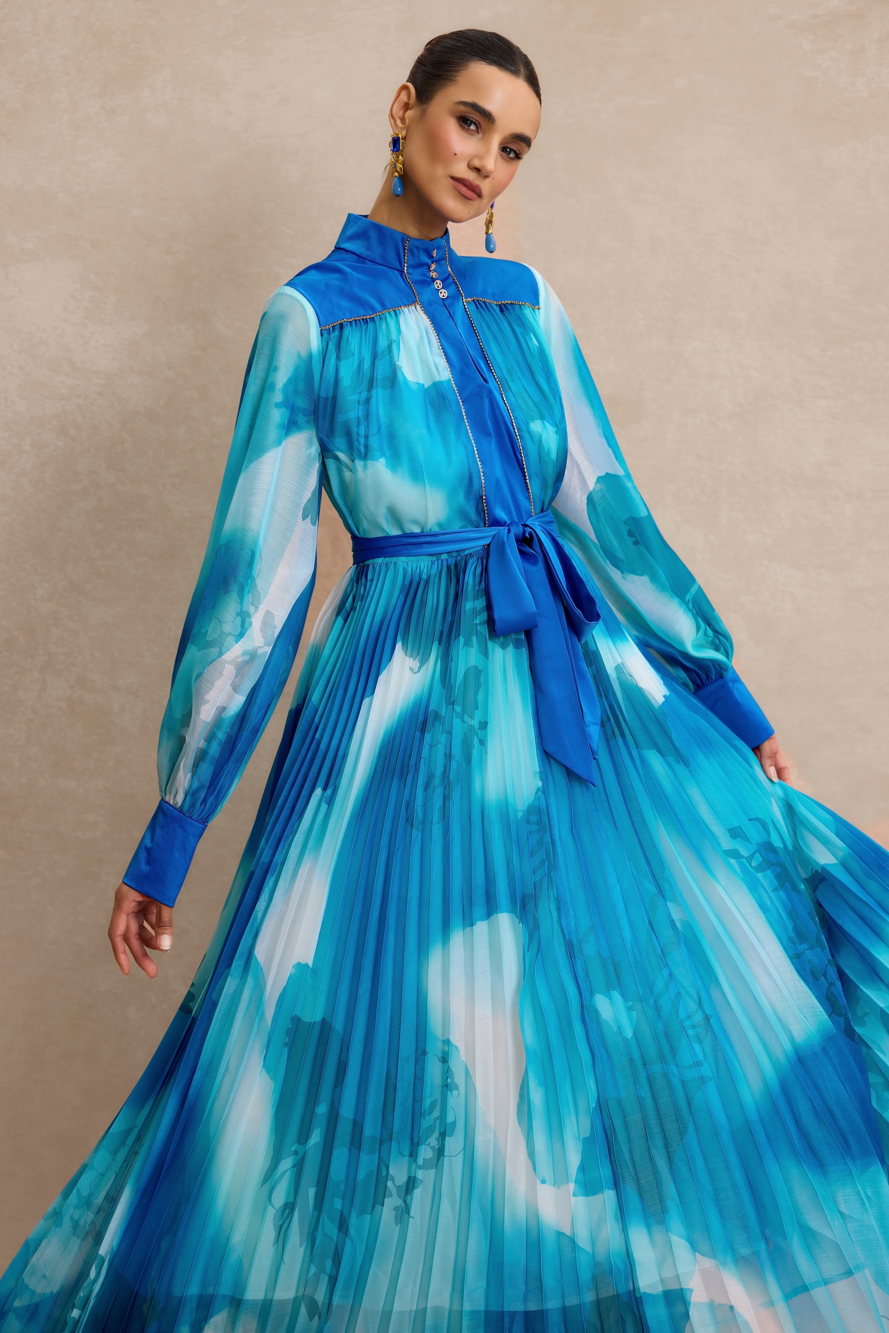 Stand Collar Rhinestone Rivets Midi Dress