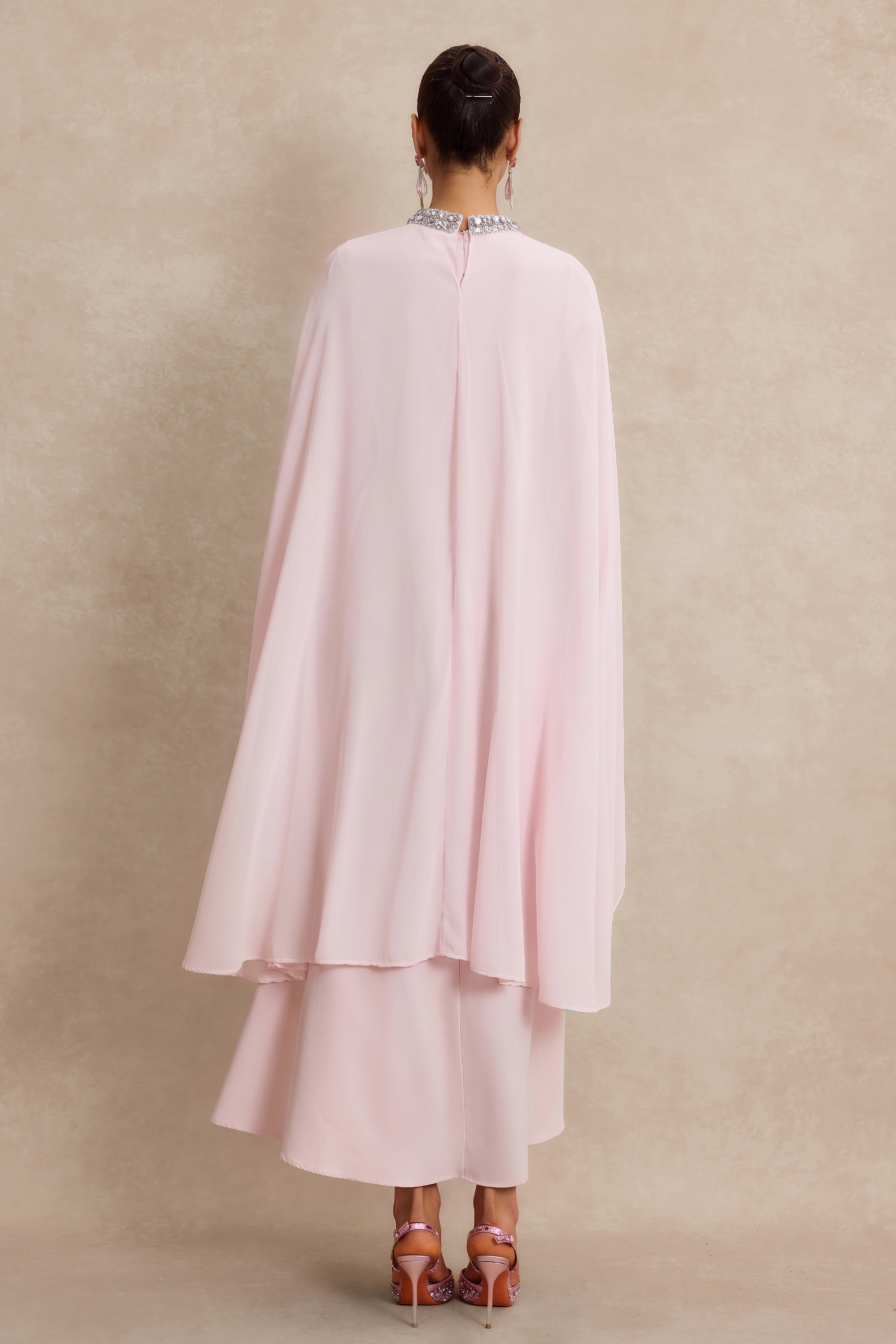 Long Sleeve Maxi Dress With Rhinestone Cape