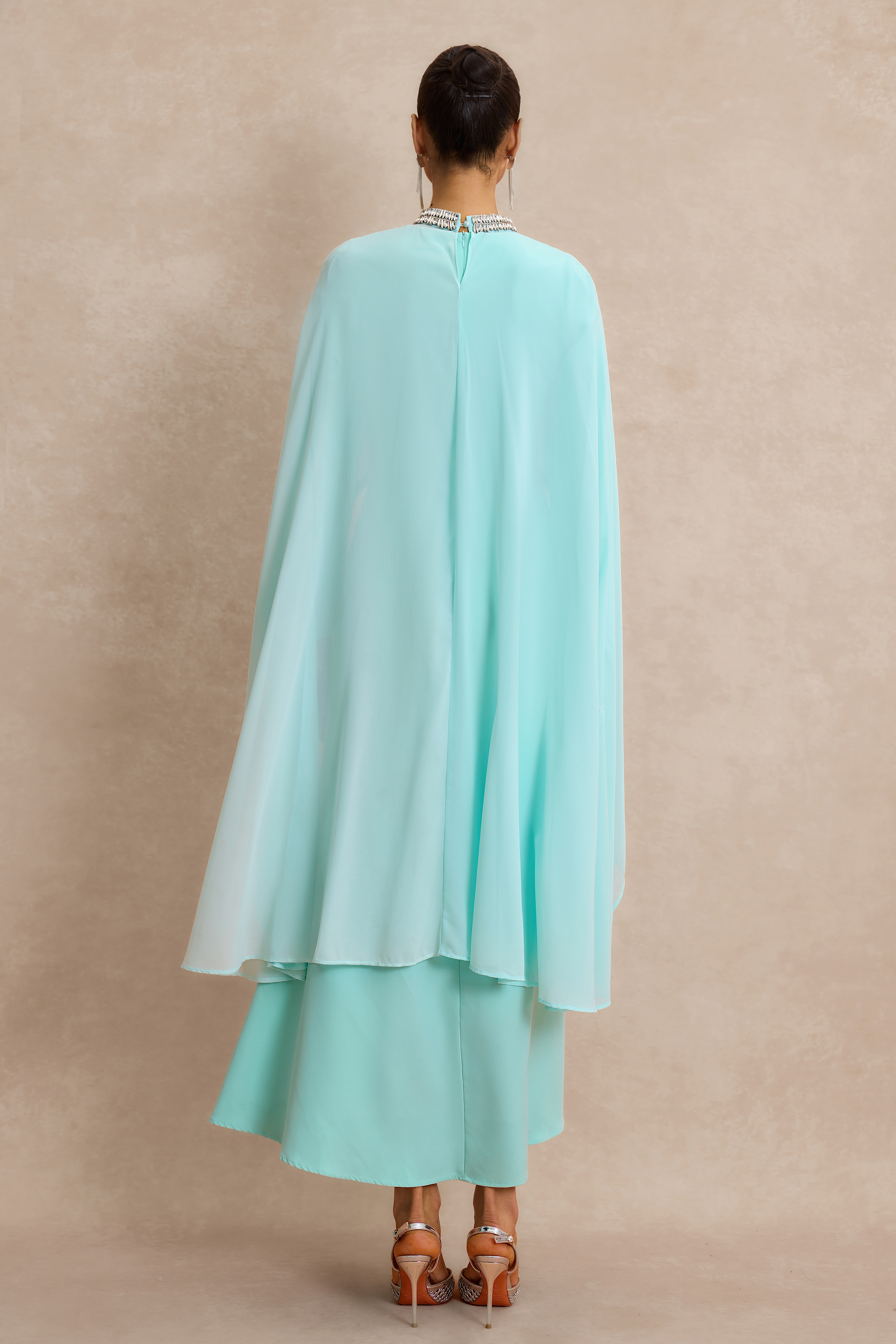 Long Sleeve Maxi Dress With Rhinestone Cape