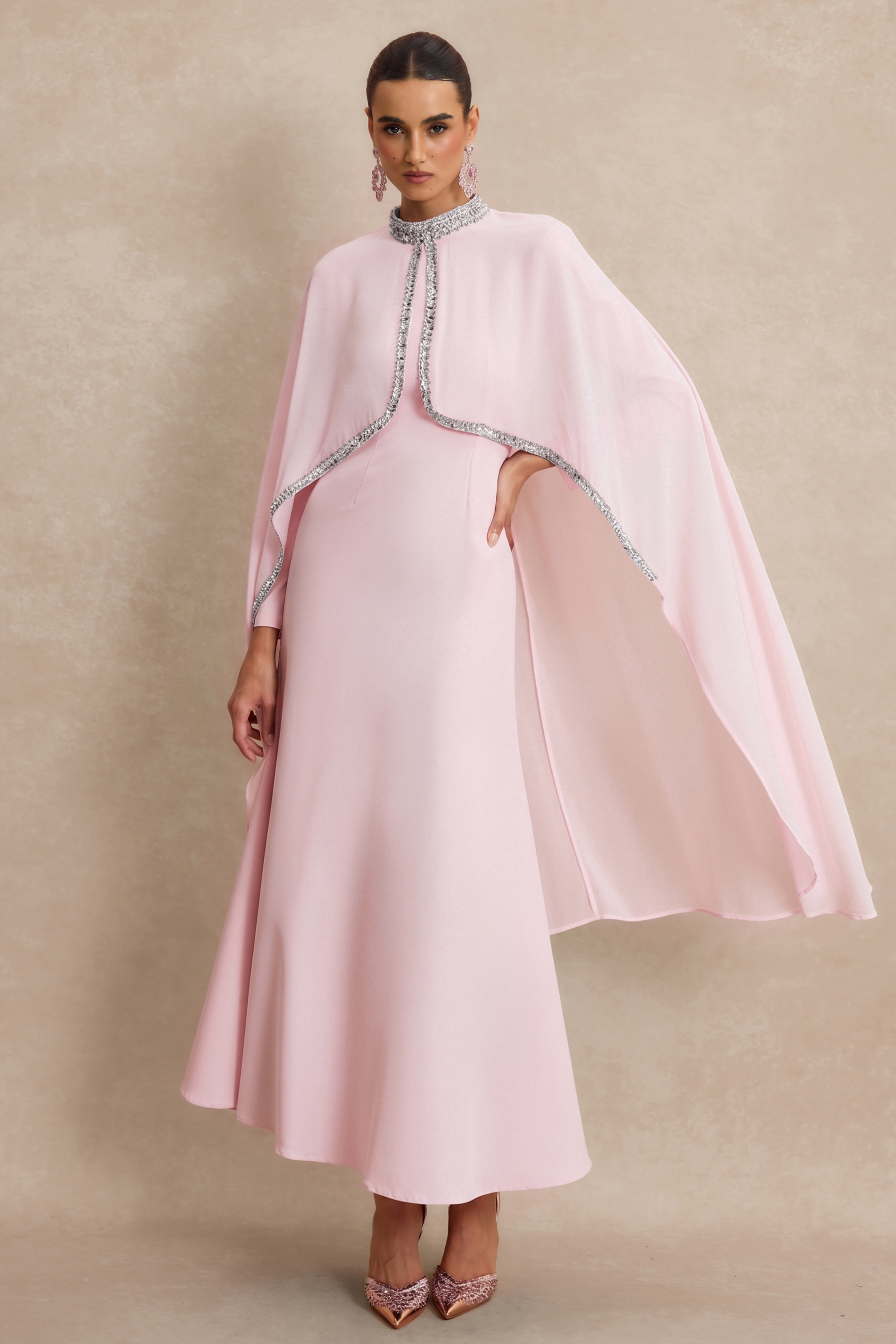 Long Sleeve Maxi Dress With Rhinestone Cape