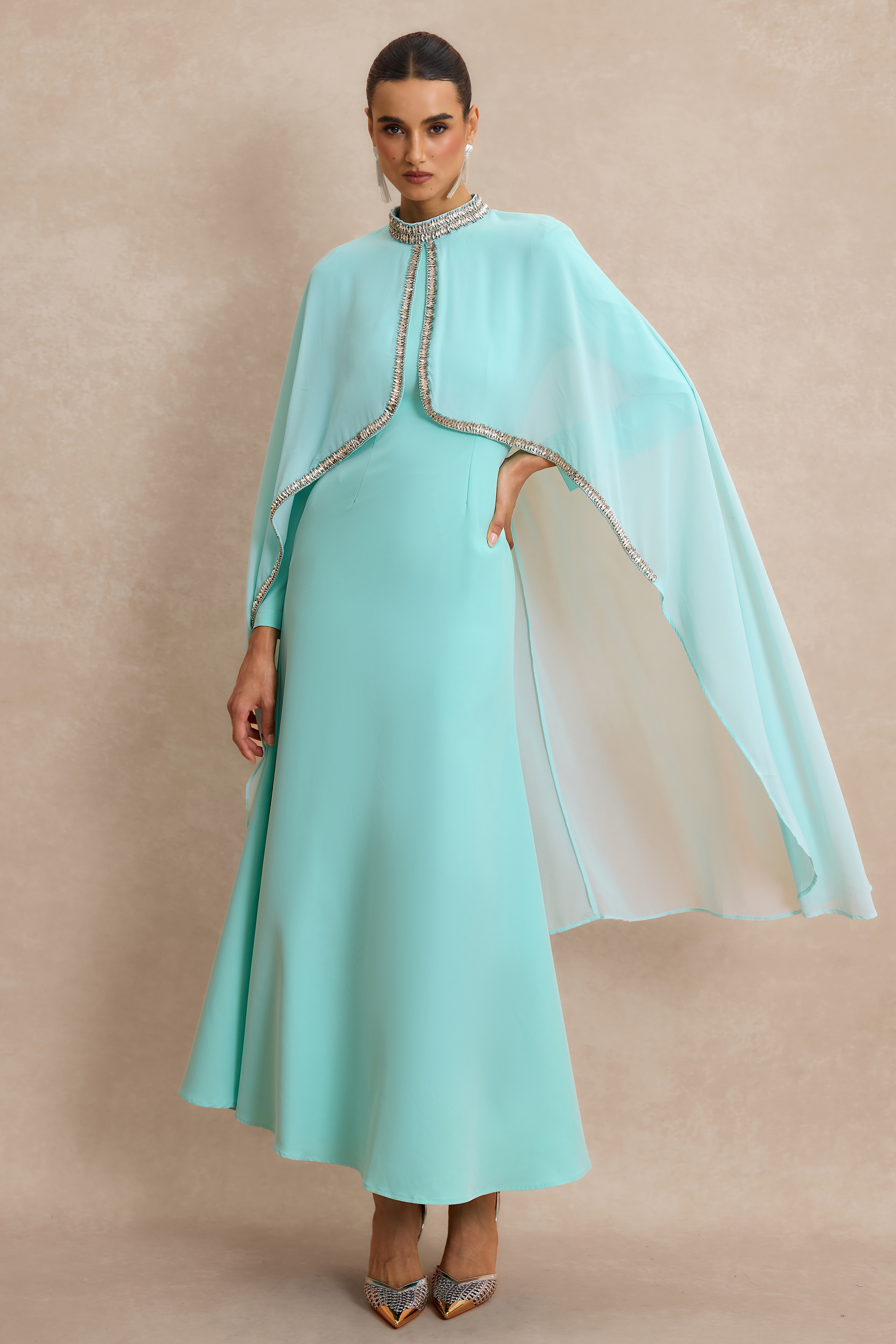 Long Sleeve Maxi Dress With Rhinestone Cape