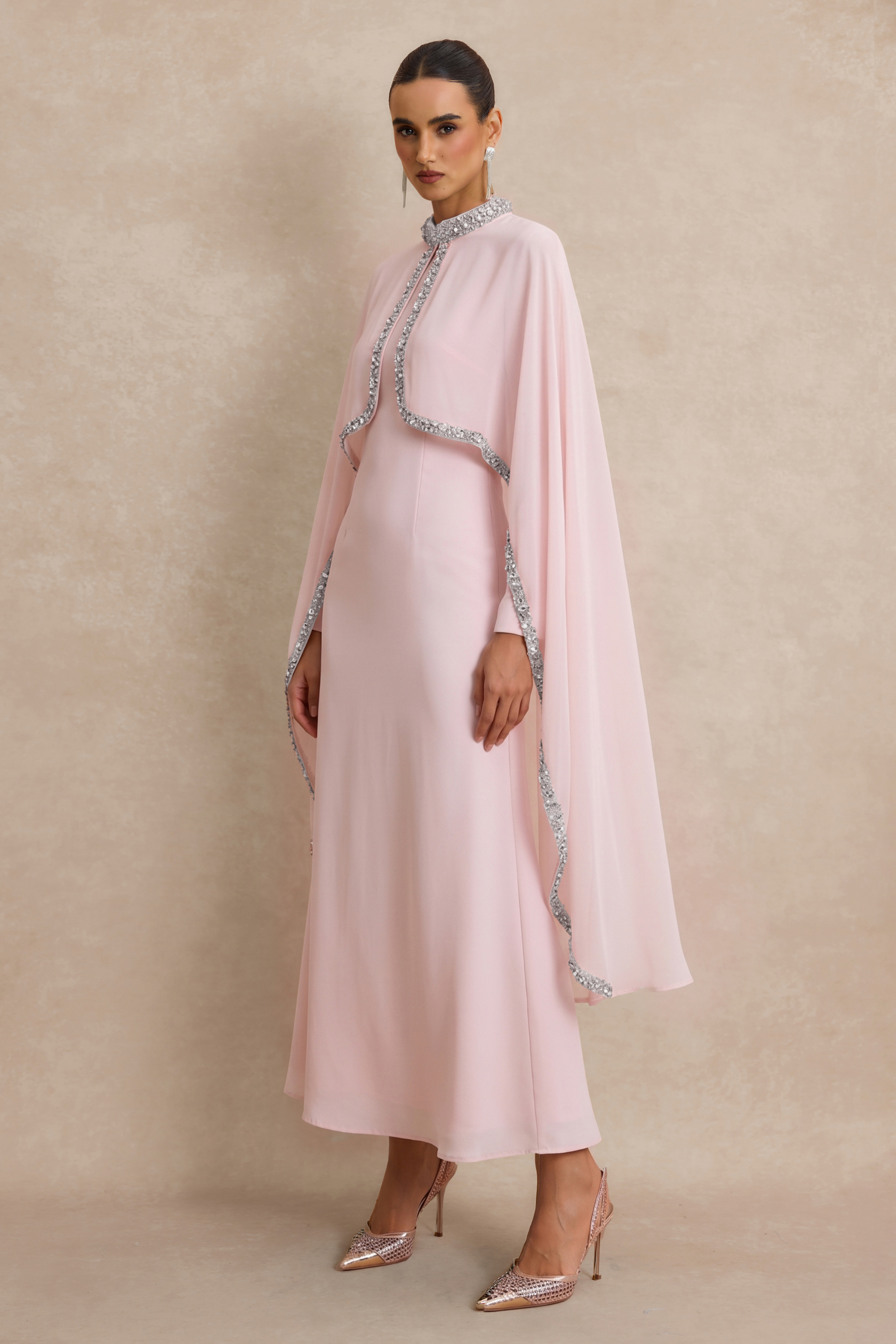 Long Sleeve Maxi Dress With Rhinestone Cape