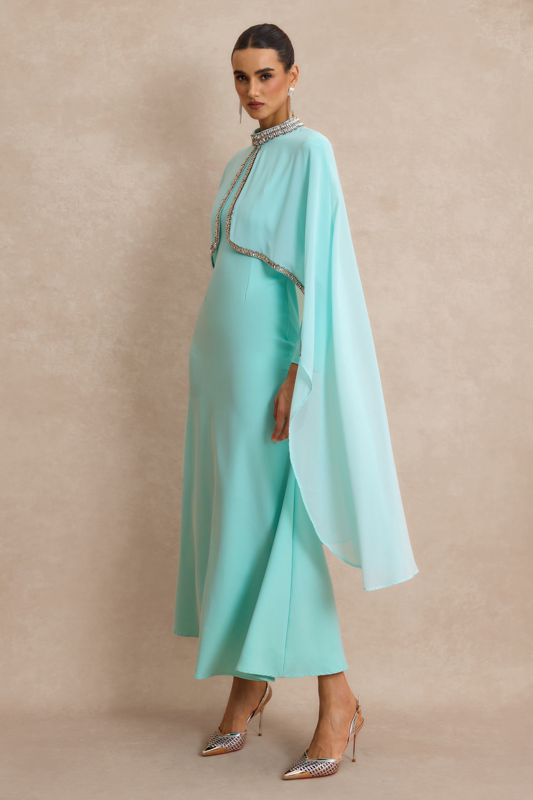 Long Sleeve Maxi Dress With Rhinestone Cape