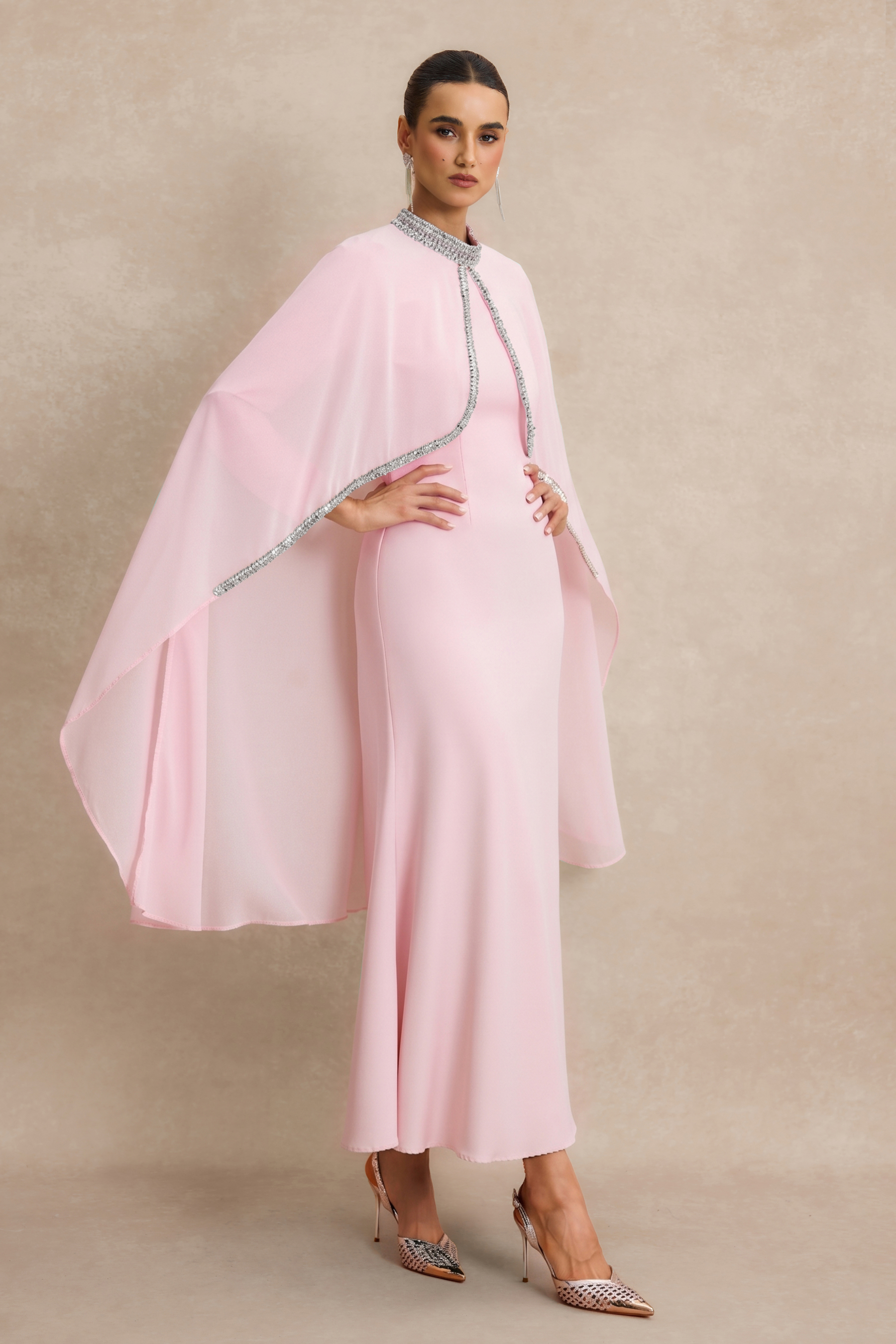 Long Sleeve Maxi Dress With Rhinestone Cape