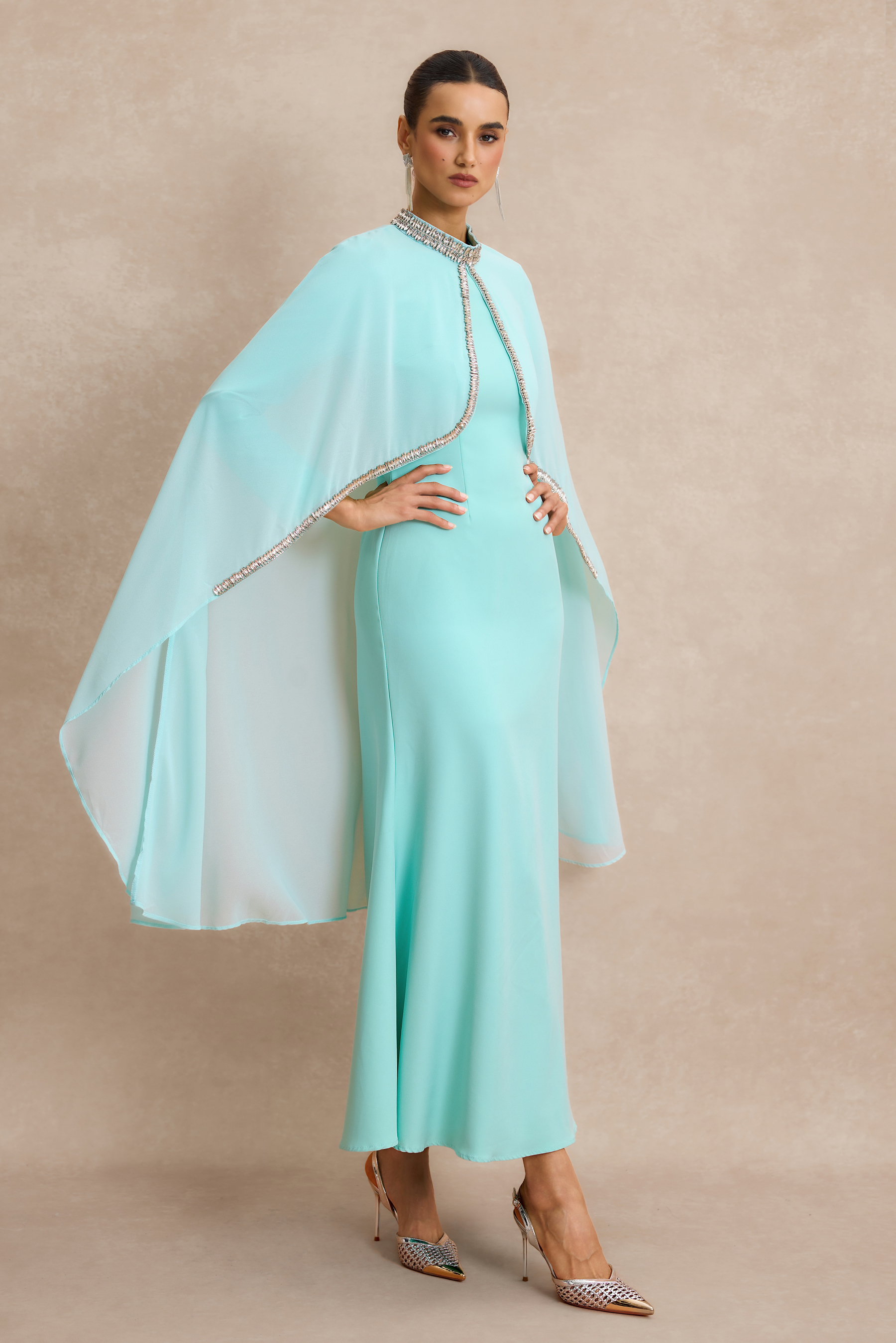Long Sleeve Maxi Dress With Rhinestone Cape