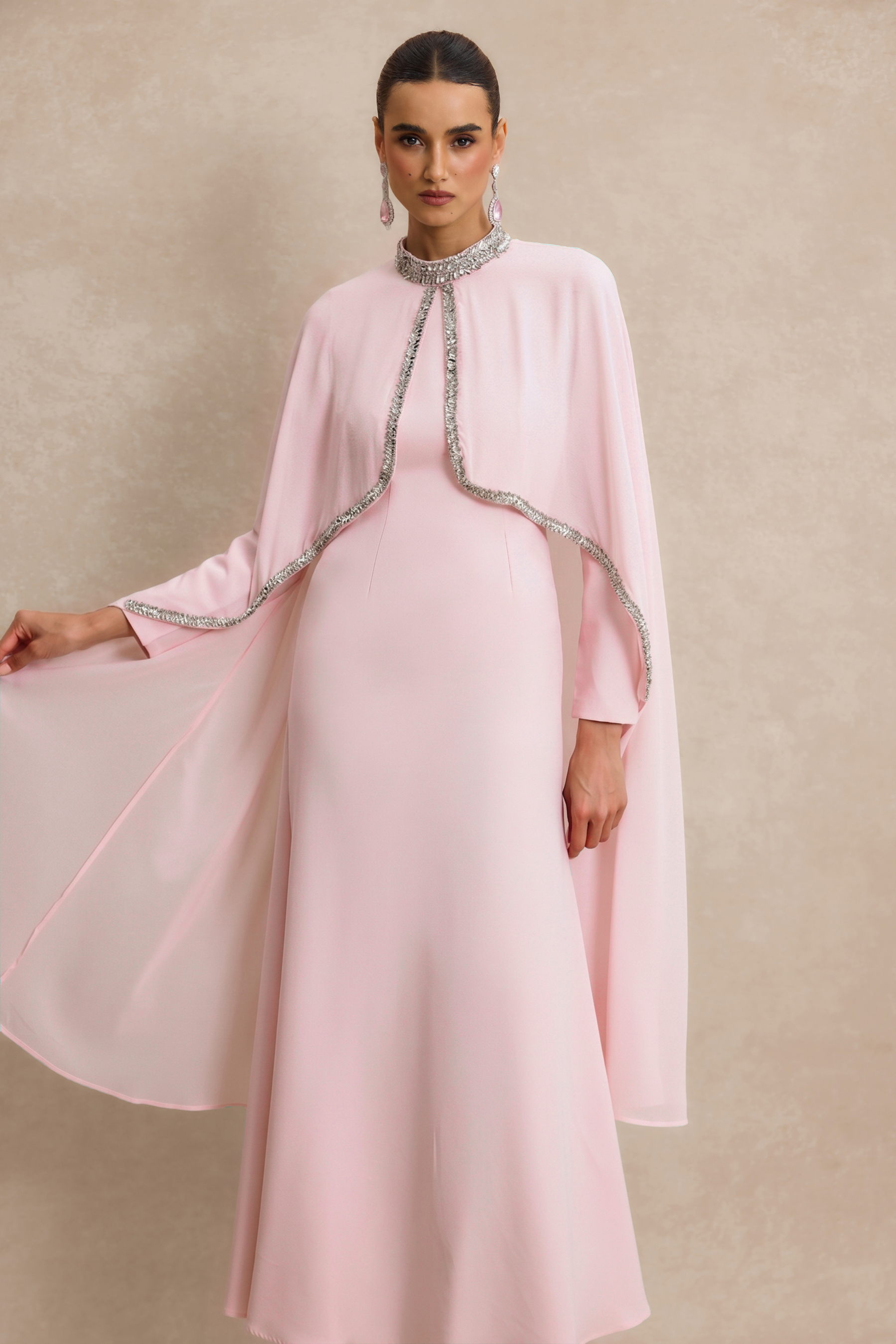 Long Sleeve Maxi Dress With Rhinestone Cape