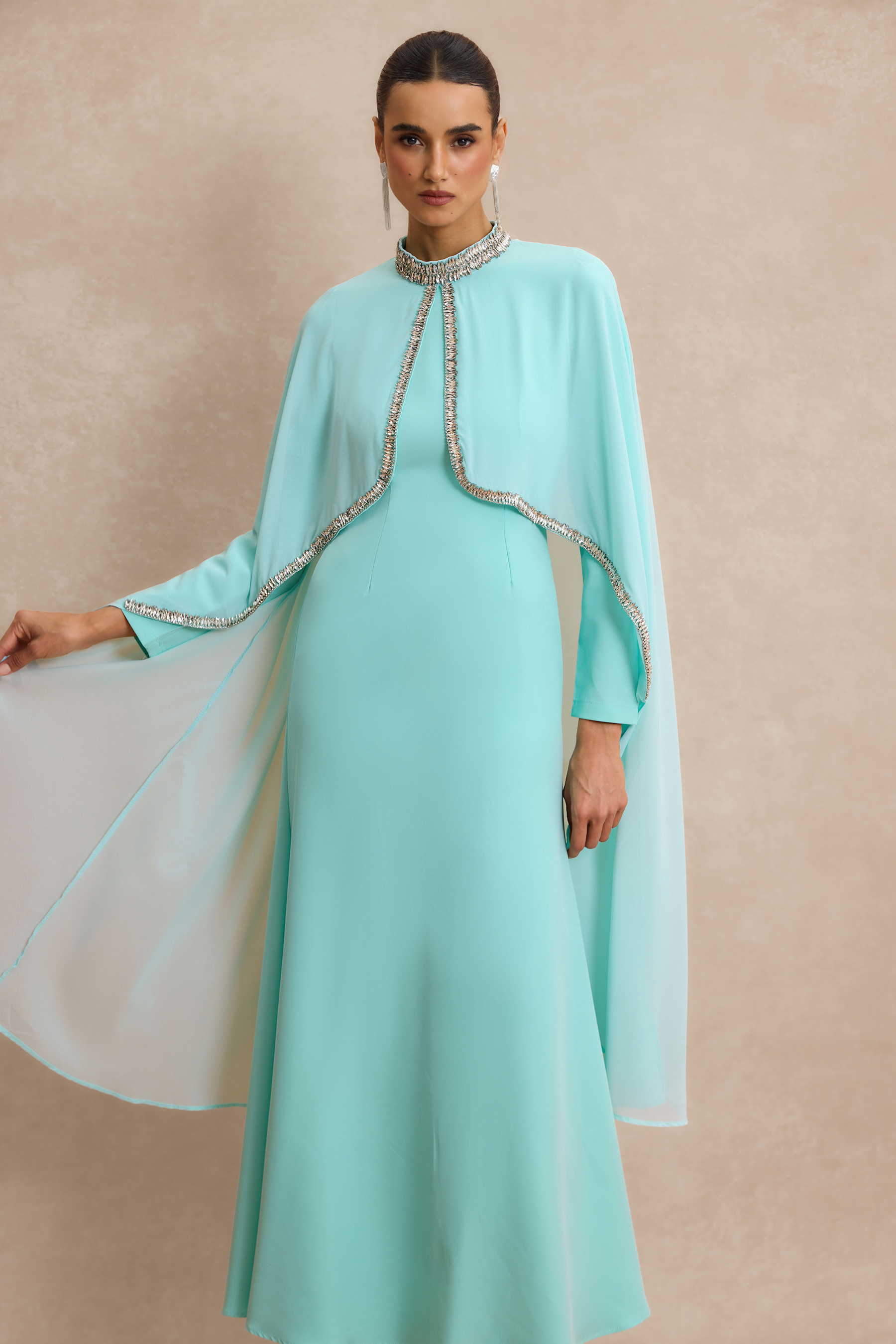 Long Sleeve Maxi Dress With Rhinestone Cape