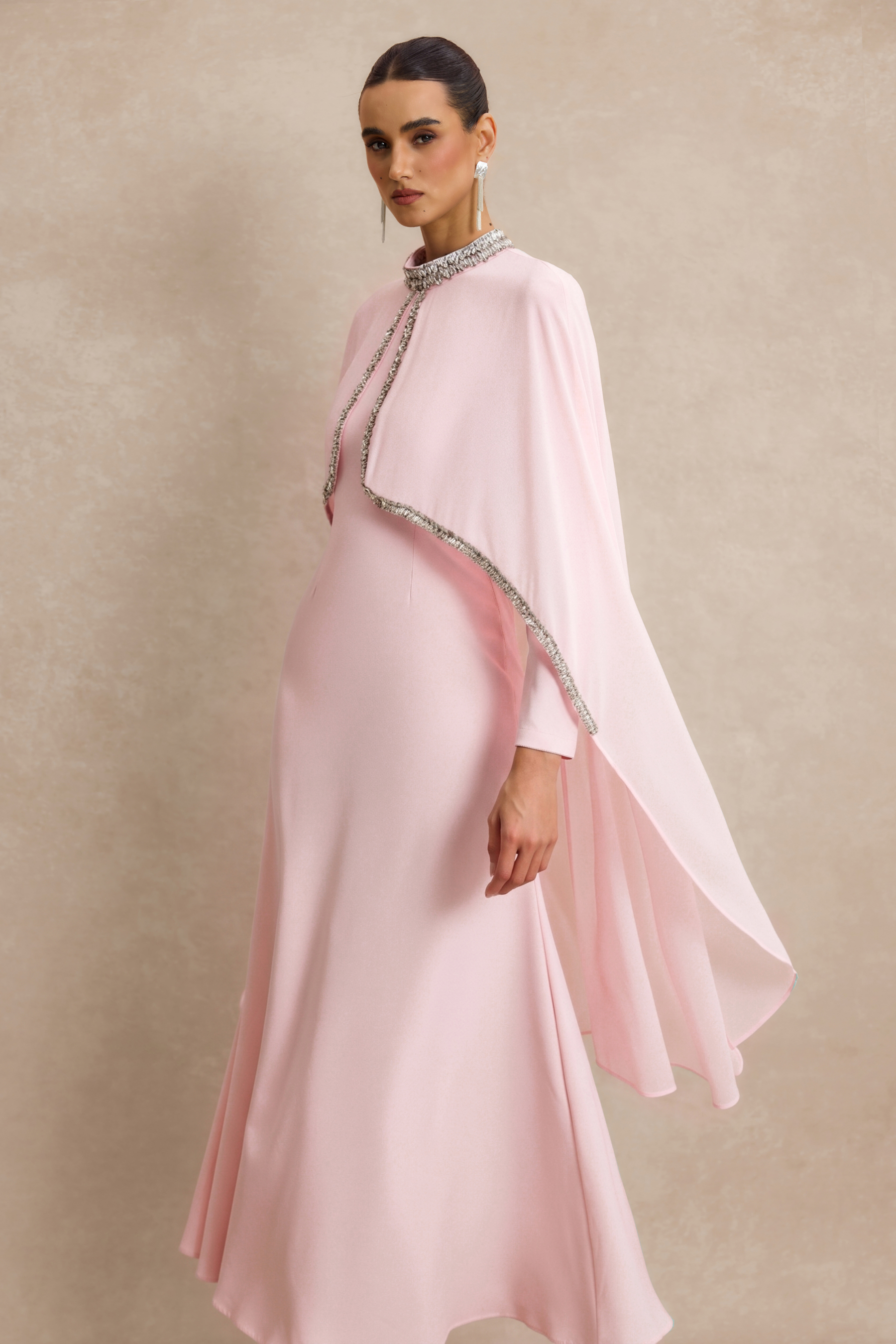 Long Sleeve Maxi Dress With Rhinestone Cape