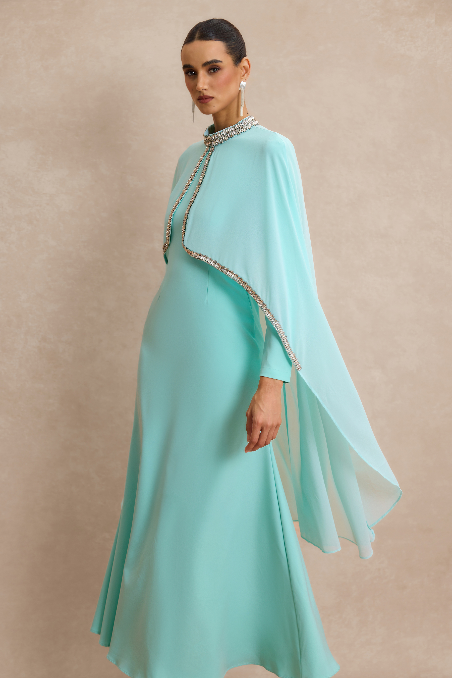 Long Sleeve Maxi Dress With Rhinestone Cape