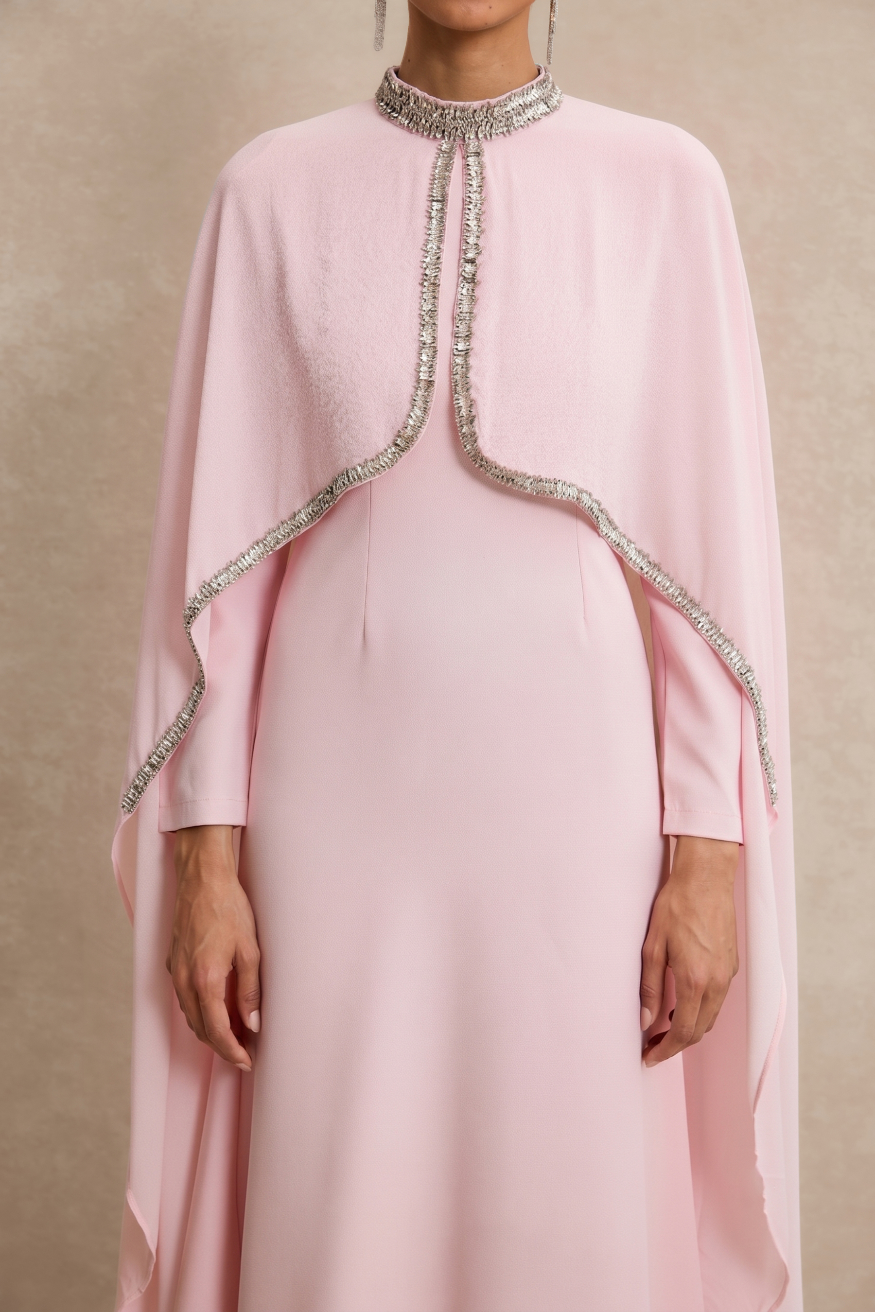 Long Sleeve Maxi Dress With Rhinestone Cape