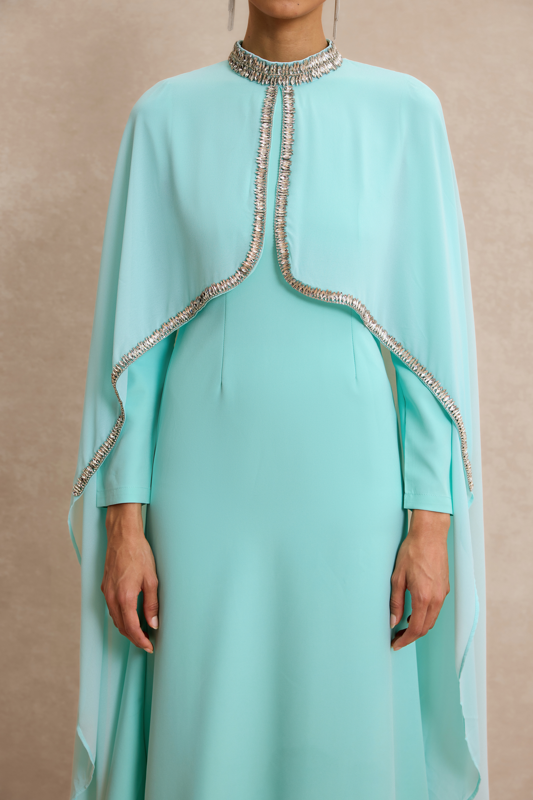 Long Sleeve Maxi Dress With Rhinestone Cape