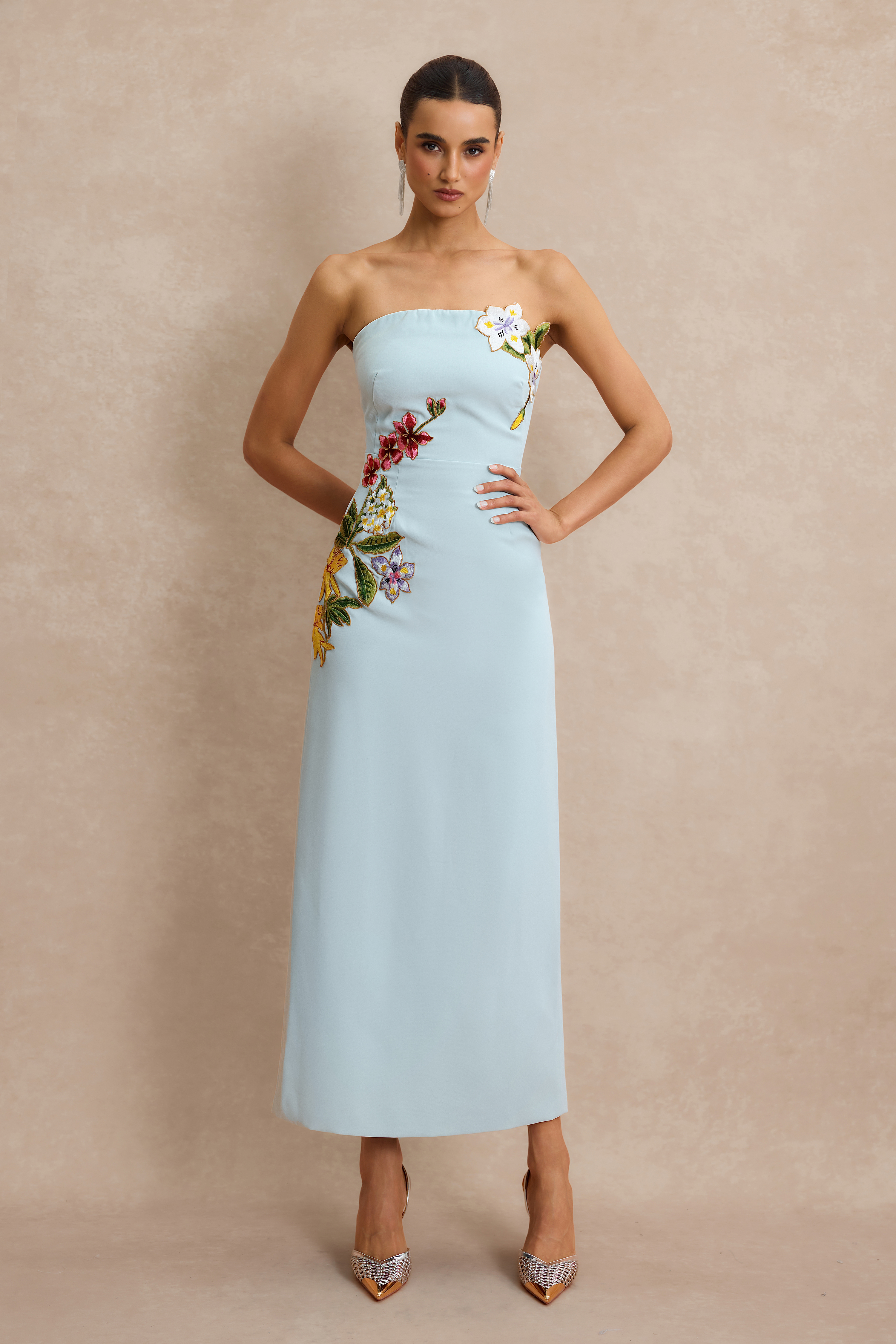 Embroidered Strapless Slit Maxi Dress