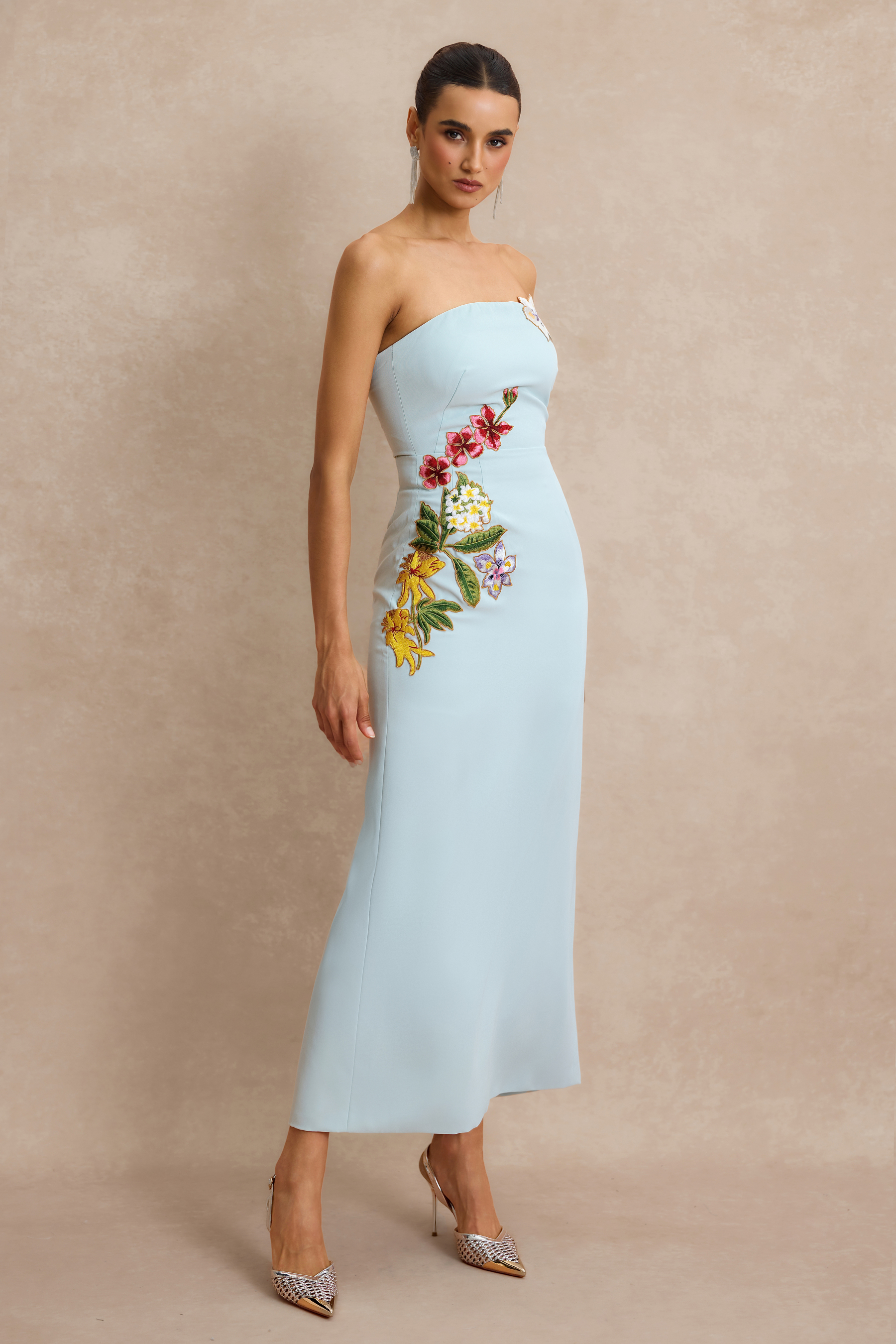 Embroidered Strapless Slit Maxi Dress
