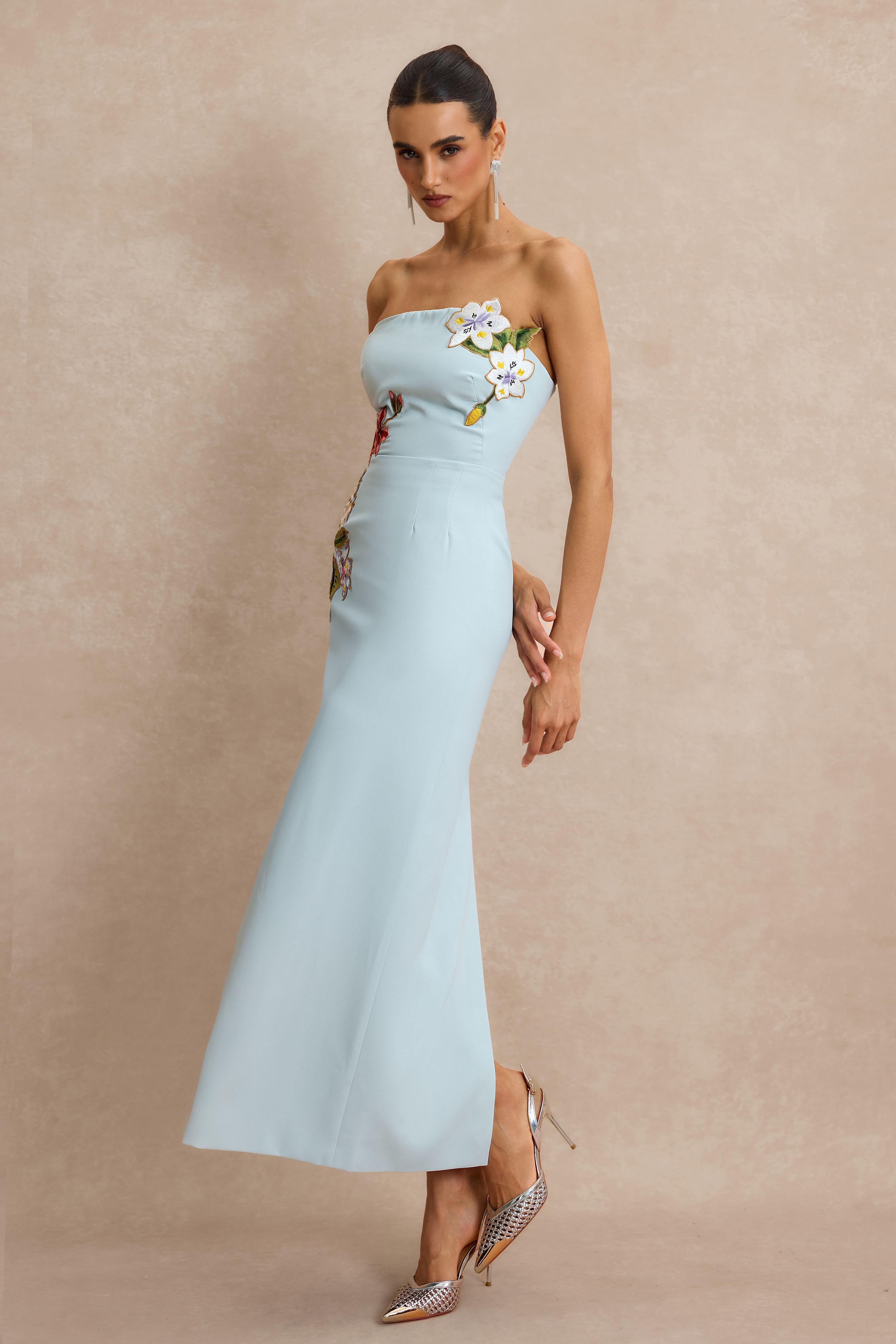 Embroidered Strapless Slit Maxi Dress