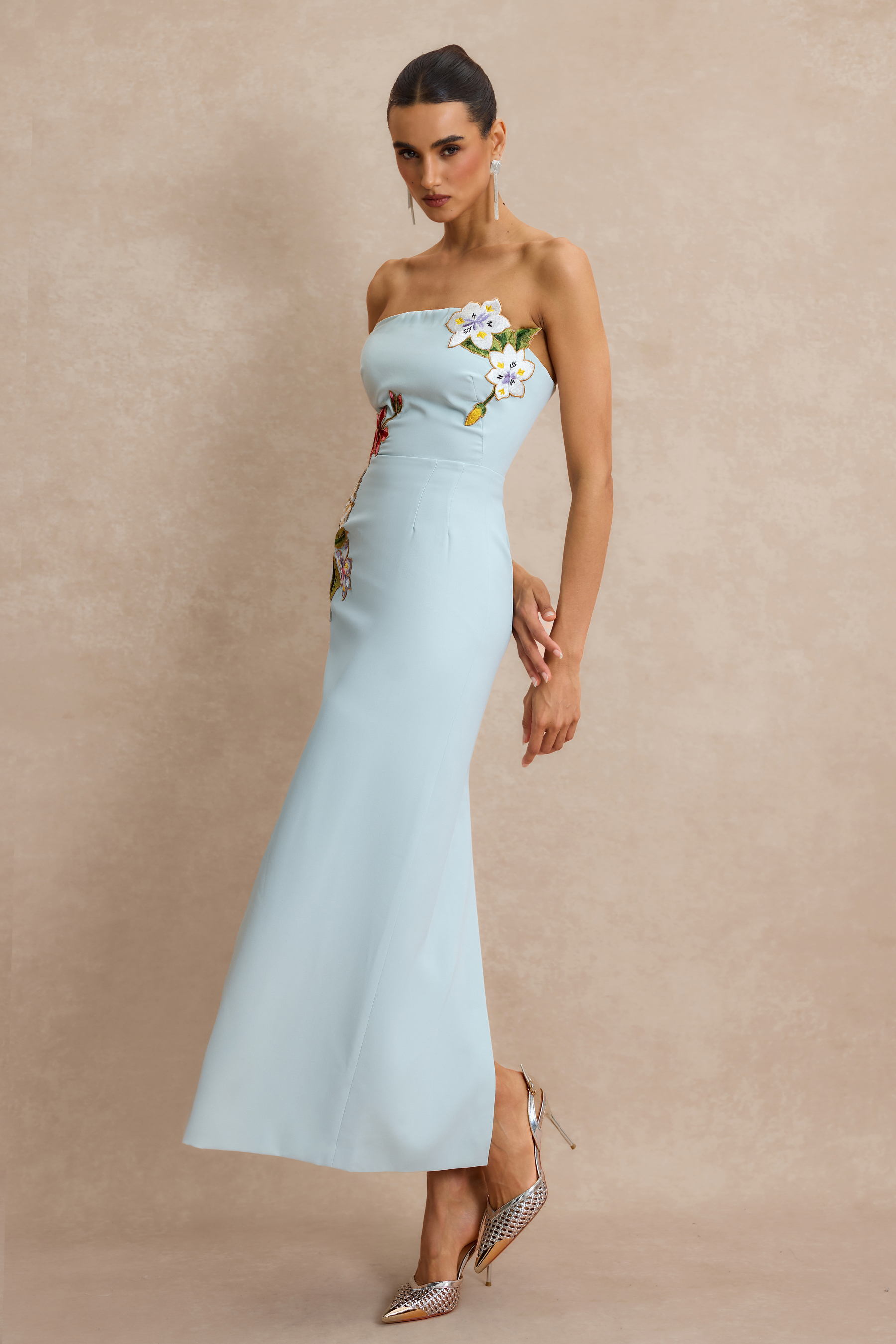 Embroidered Strapless Slit Maxi Dress