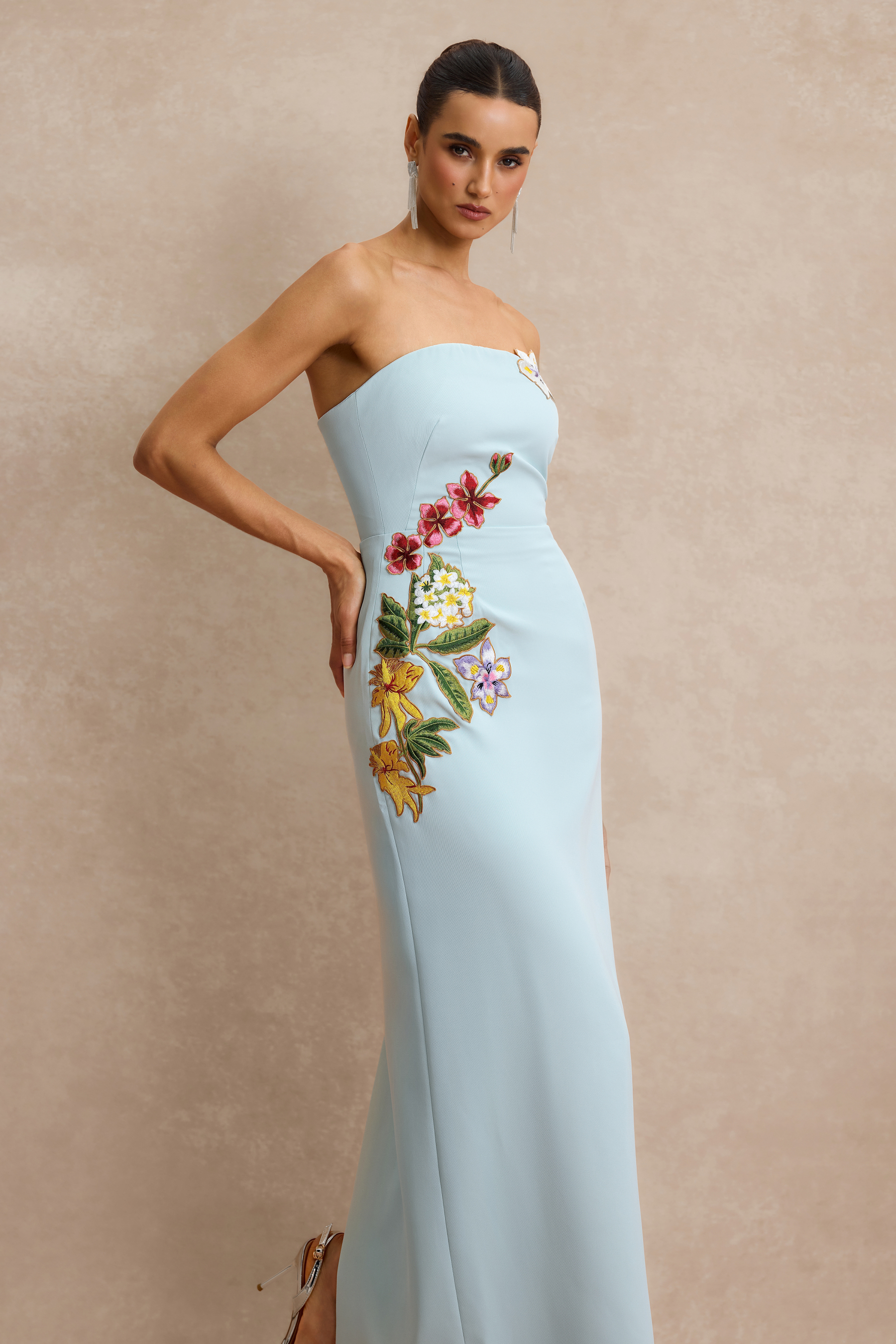 Embroidered Strapless Slit Maxi Dress