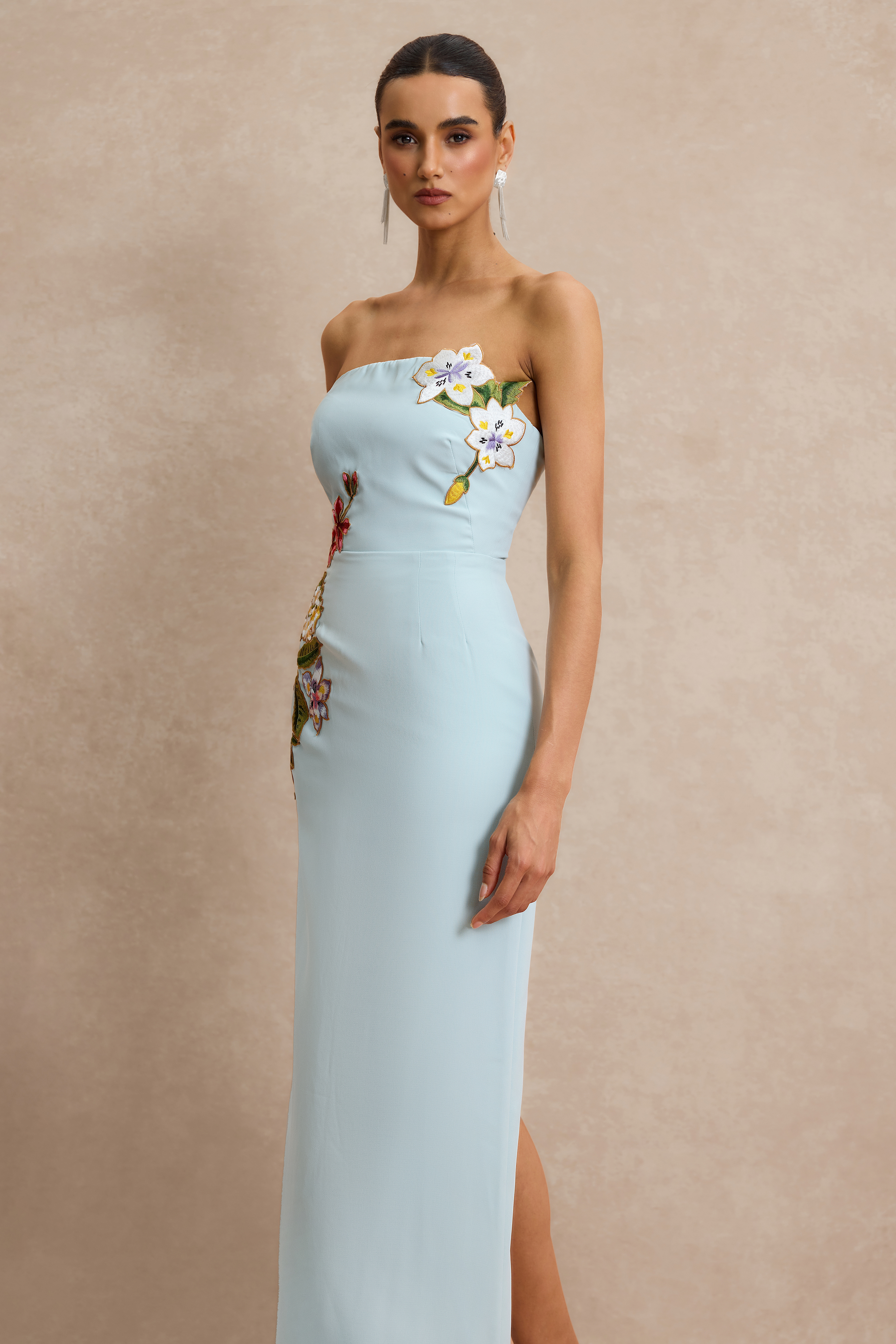 Embroidered Strapless Slit Maxi Dress