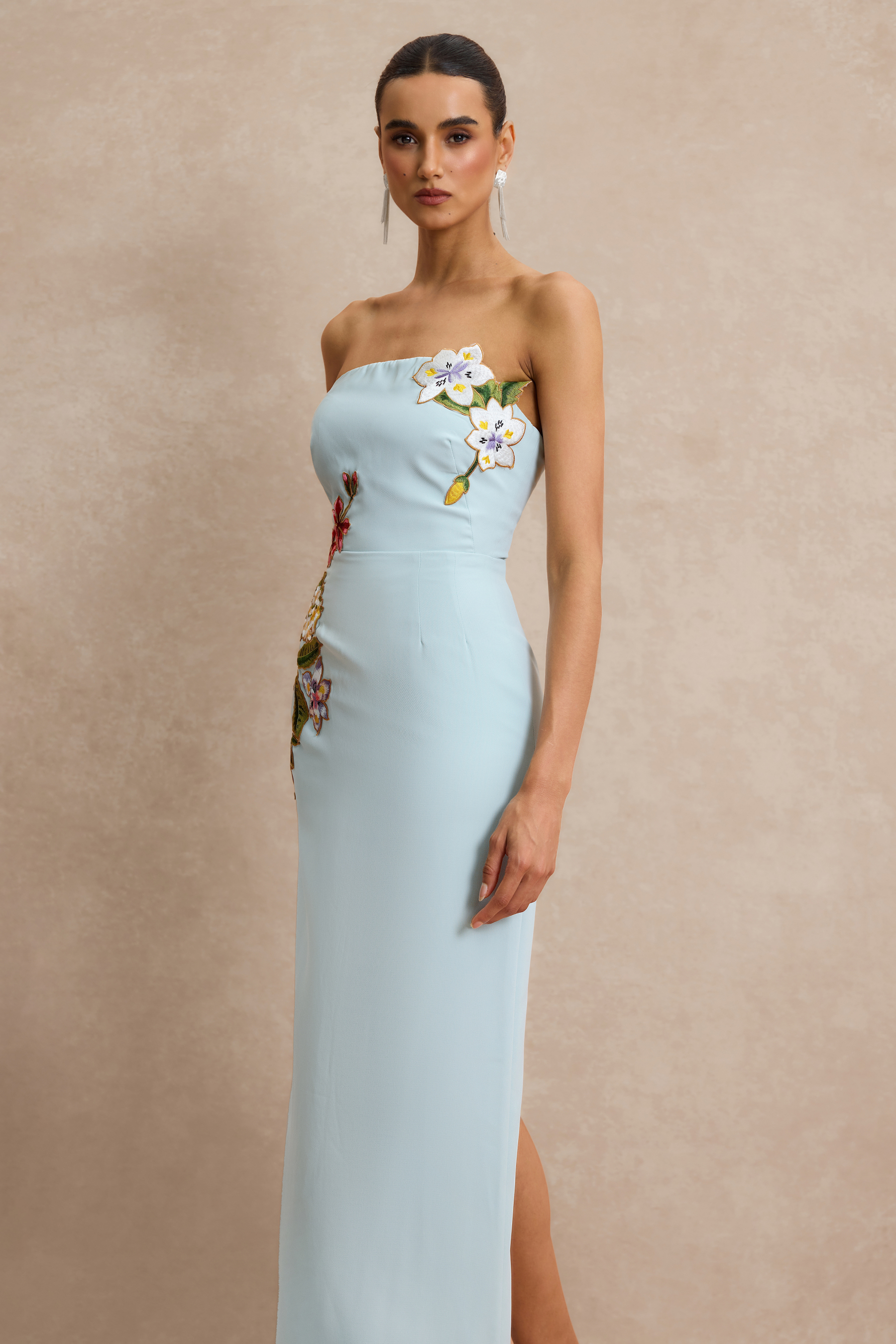 Embroidered Strapless Slit Maxi Dress